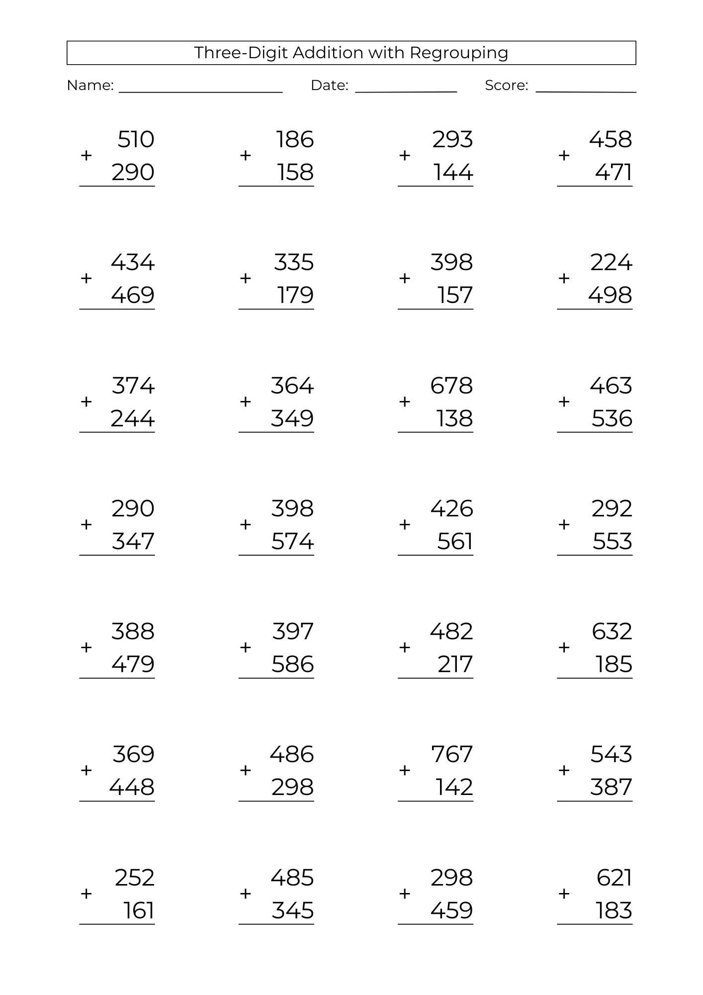 10 Printable 3 digit Addition Worksheets 3rd Grade Math Drills PDF Download Etsy Israel