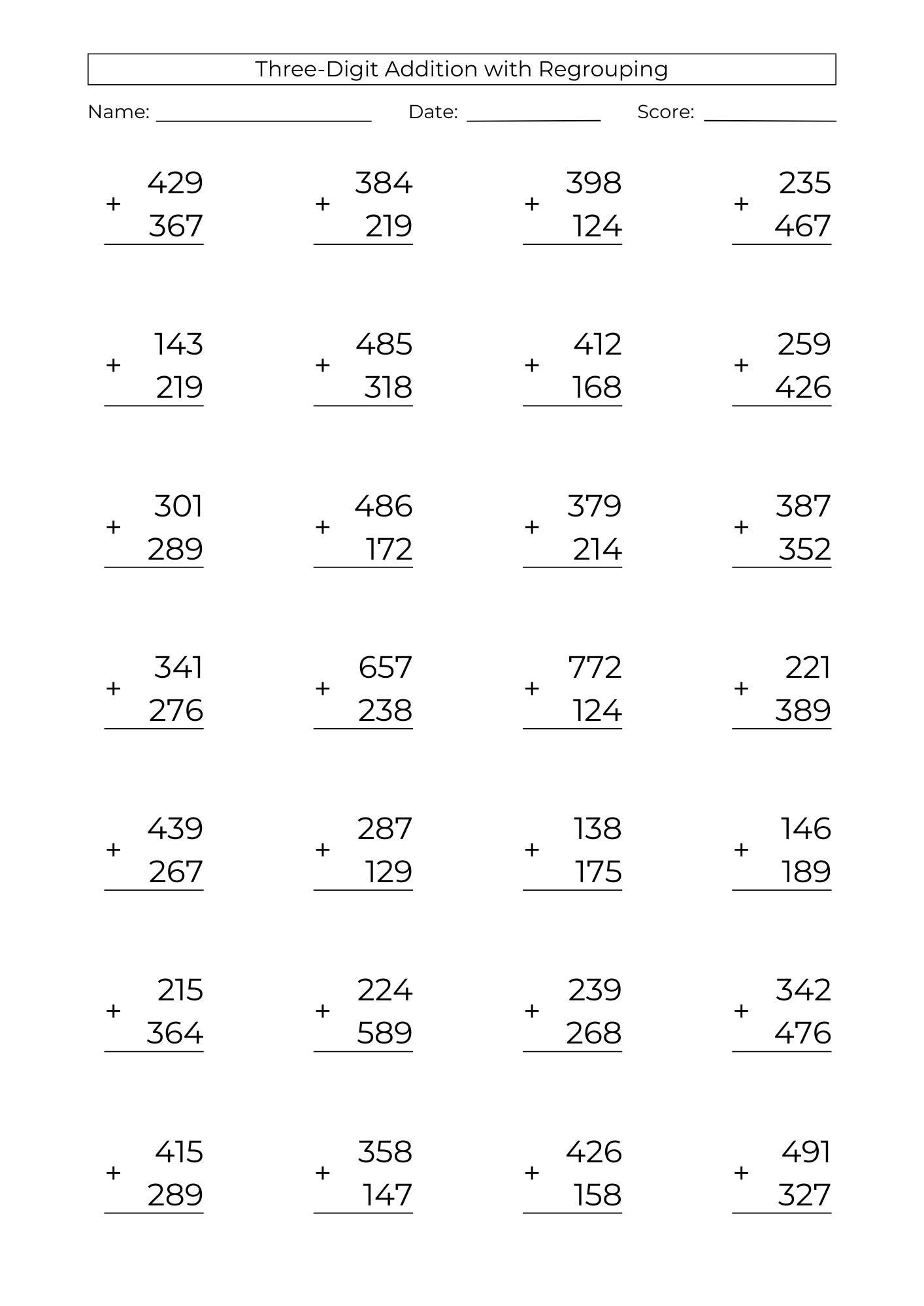 10 Printable 3 digit Addition Worksheets 3rd Grade Math Drills PDF Download Etsy