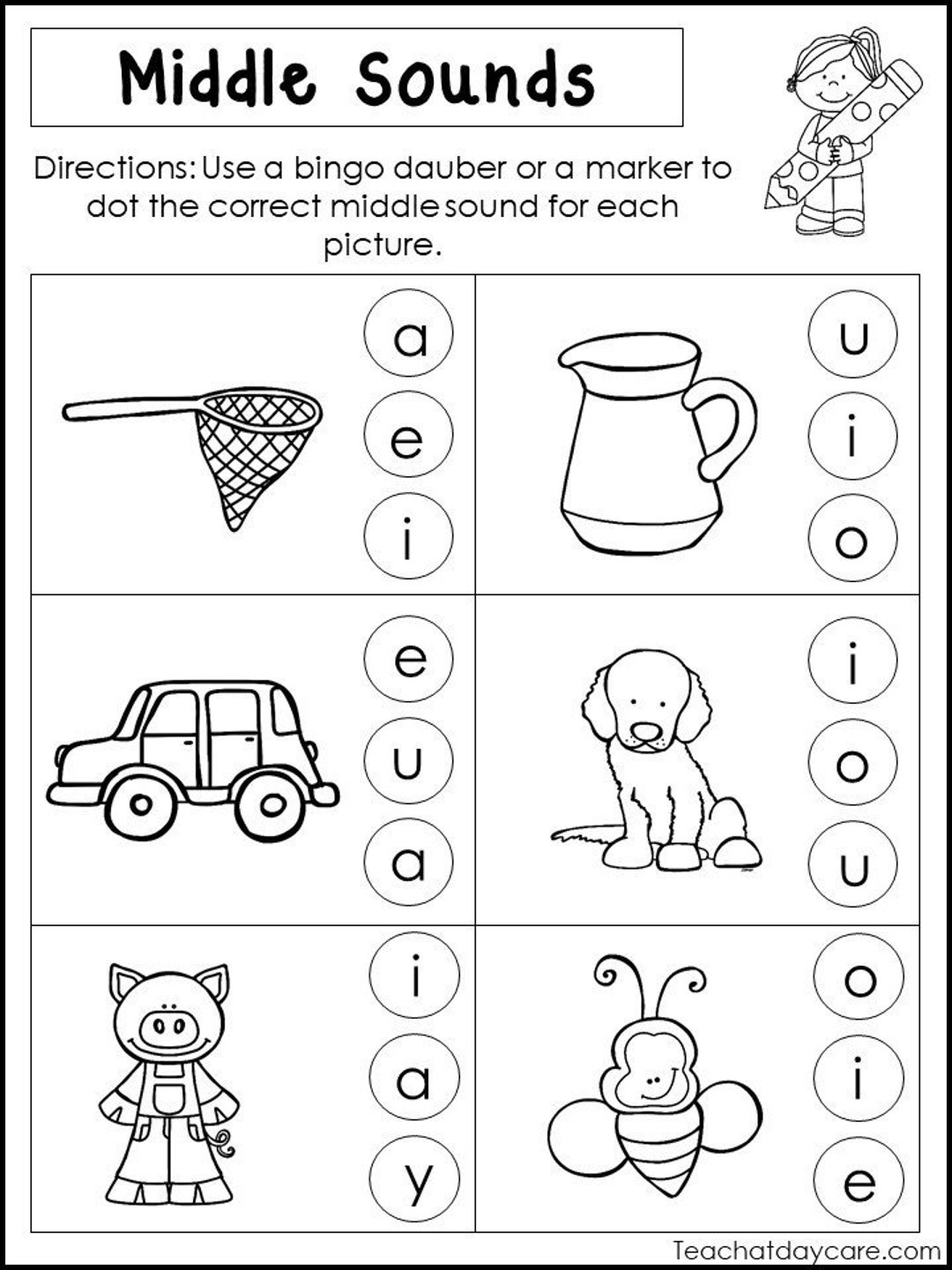 10 Printable Middle Sounds Worksheets Preschool 1st Grade Phonics And Literacy Etsy Denmark