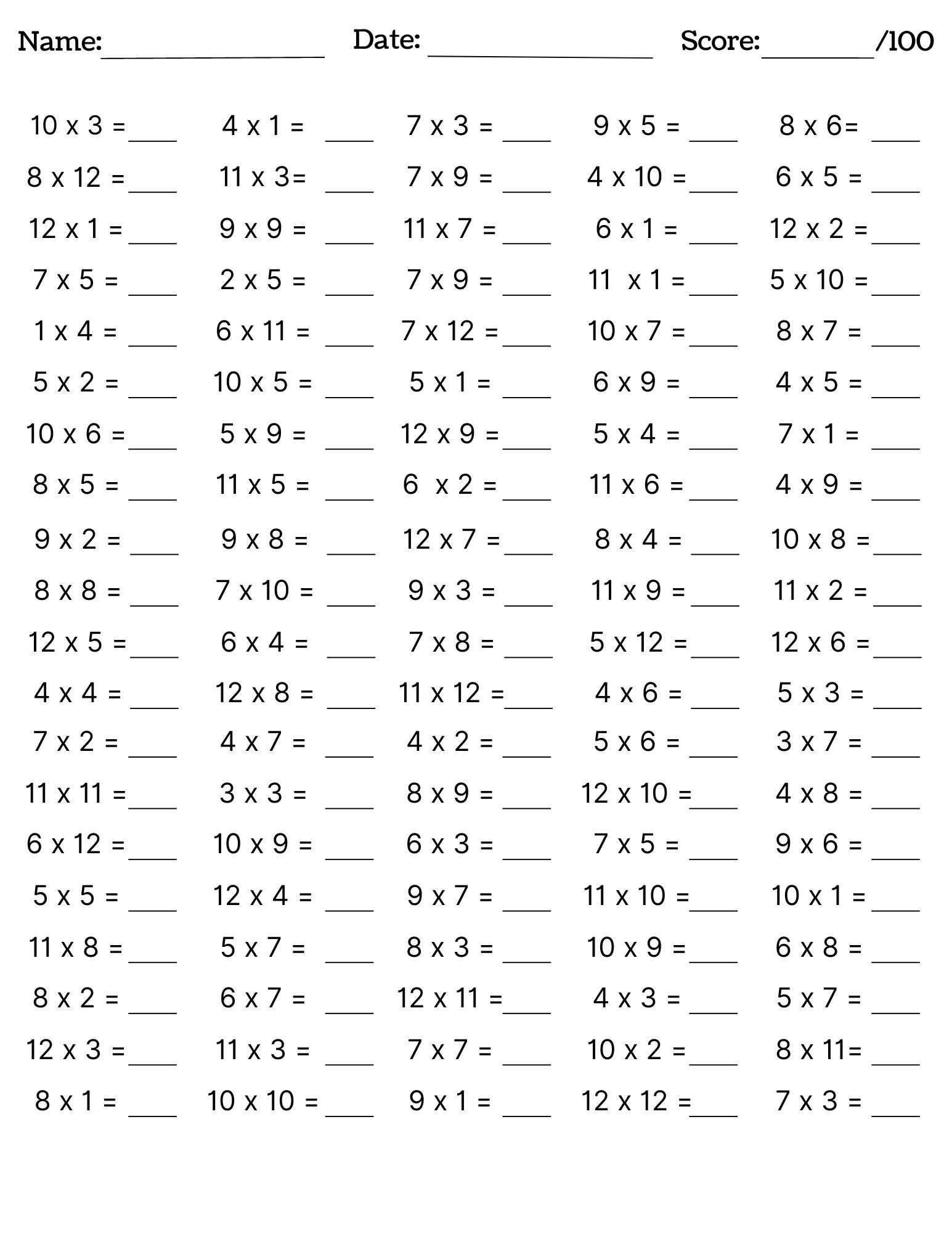 10 Printable Multiplication Worksheets Fill In The Blanks Single Digit Multiplication numbers 1 12 Maths Drills Answers Included Etsy New Zealand