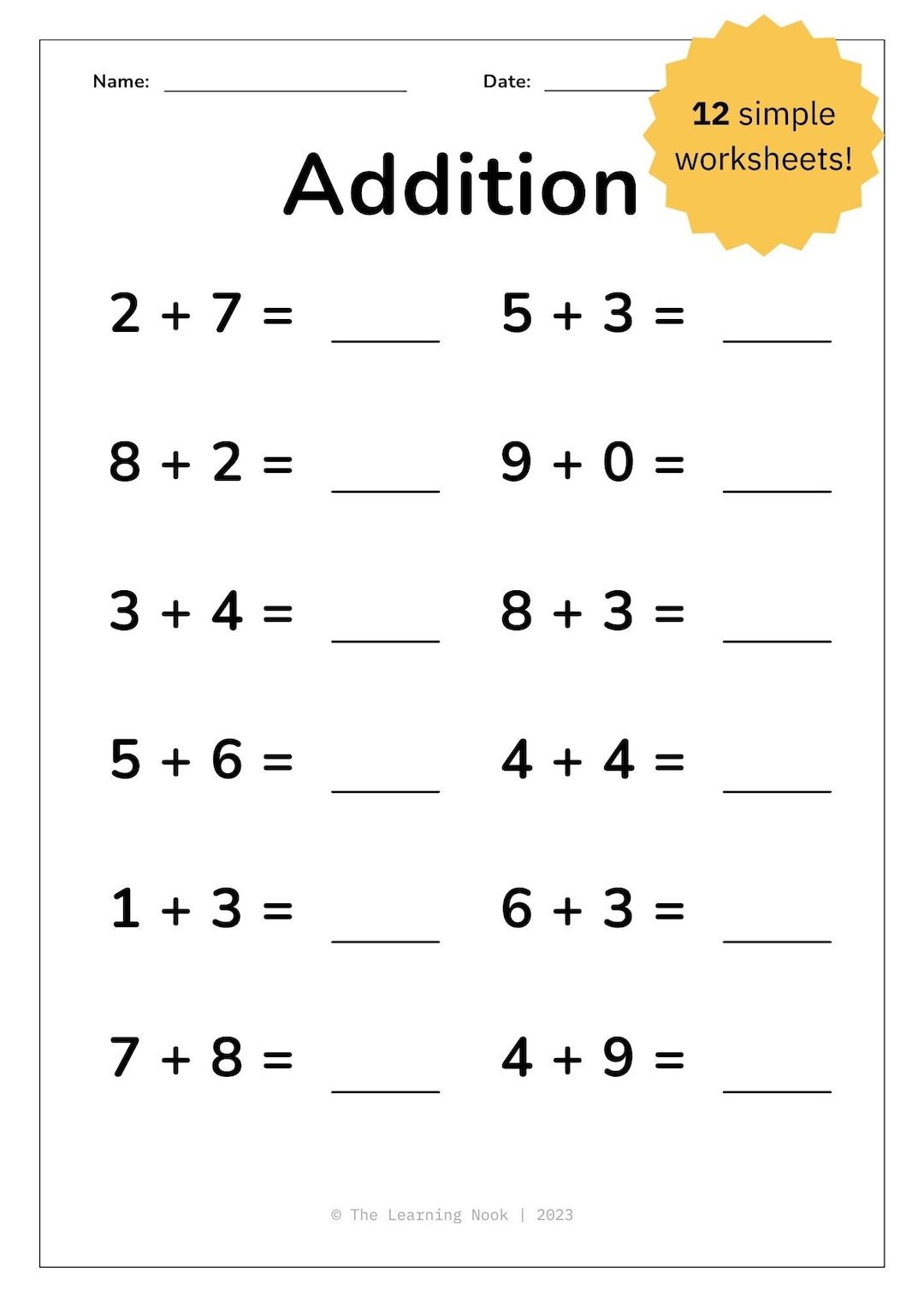12 Printable Addition Worksheets Single Digit Addition Maths Drills Kids Learning Homeschool Kindergarten First Grade Maths Etsy