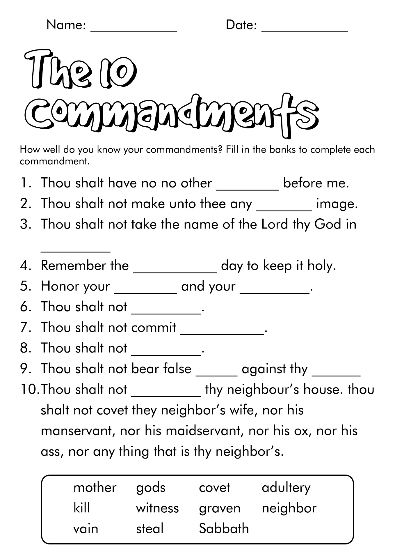 17 10 Commandments Blank Worksheet