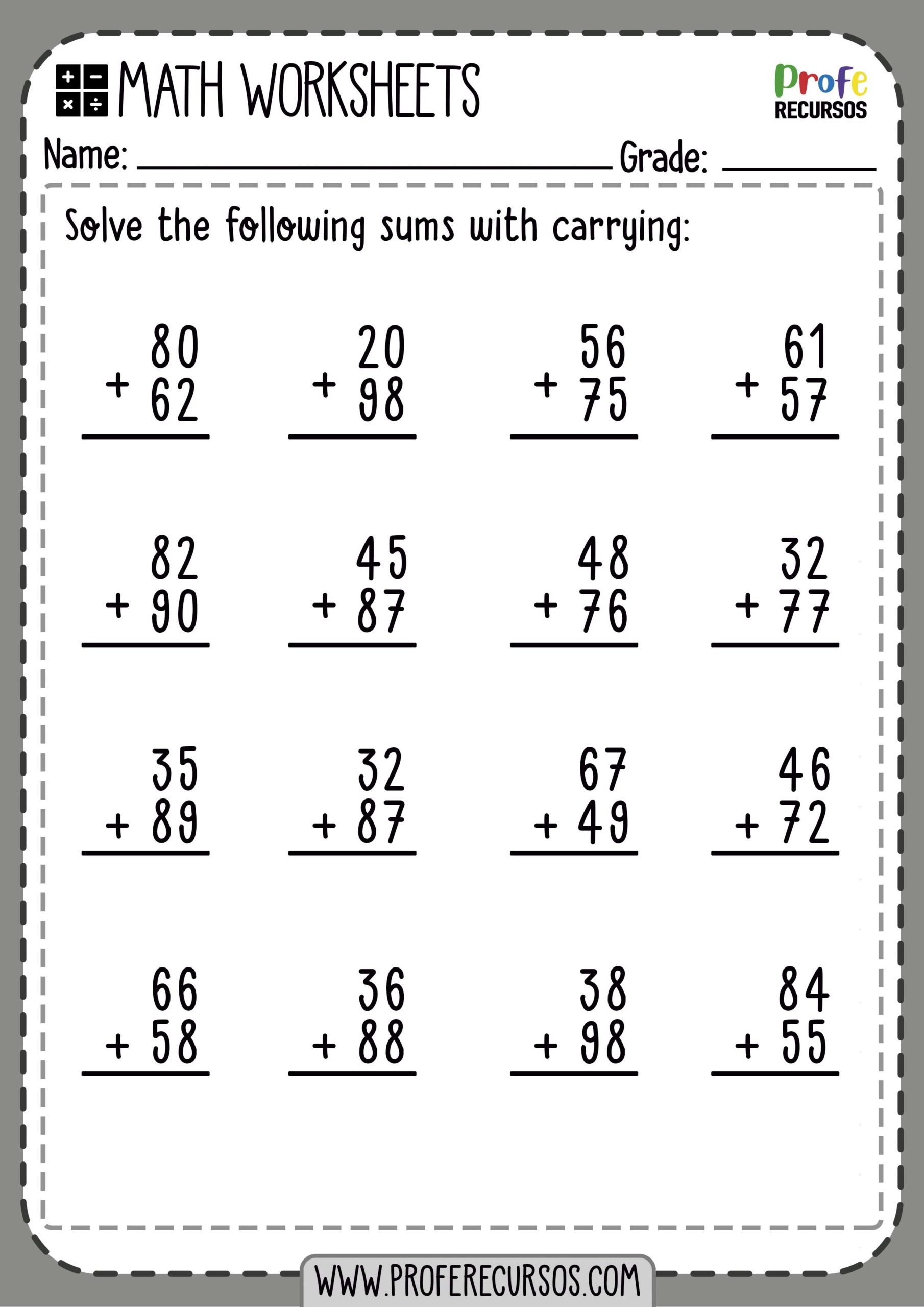 2 Digit Addition With Carrying Math Worksheets