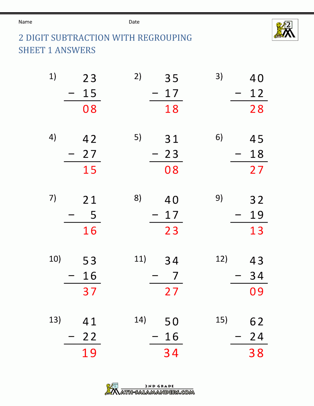 2 Digit Subtraction With Regrouping Worksheets