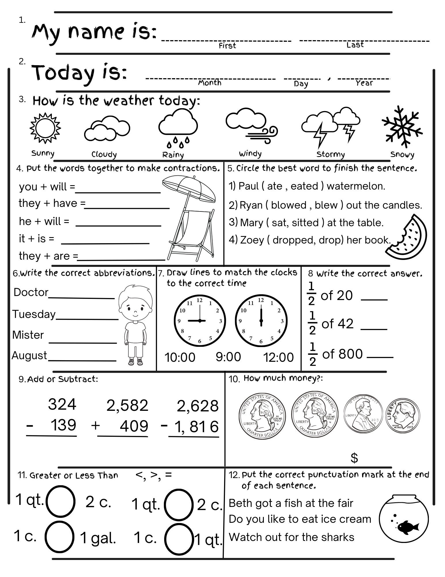 2nd Grade Summer Review Worksheets Math Language digital Download Etsy