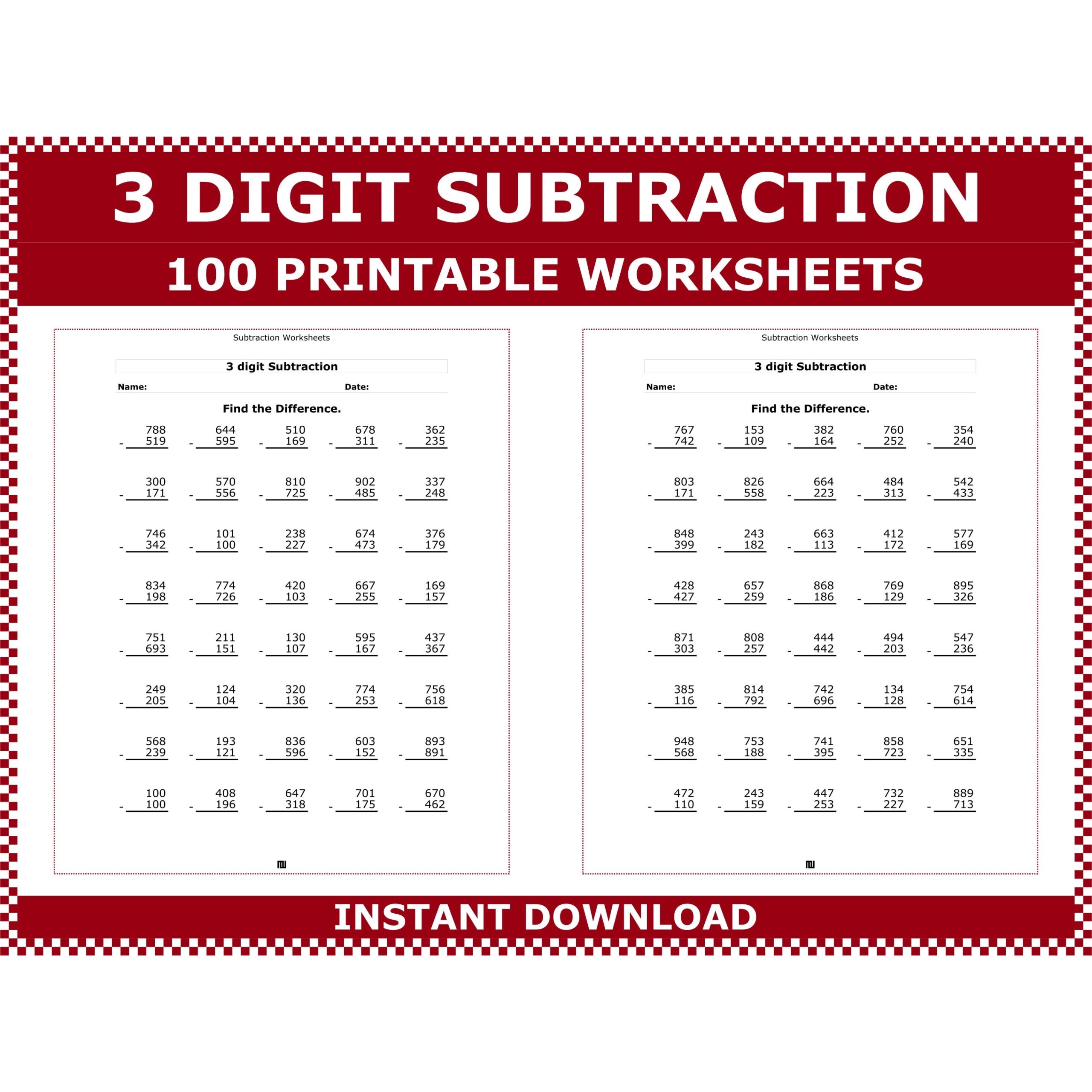 3 digit Subtraction Worksheets 100 Printable Pages PDF Pattern Etsy New Zealand