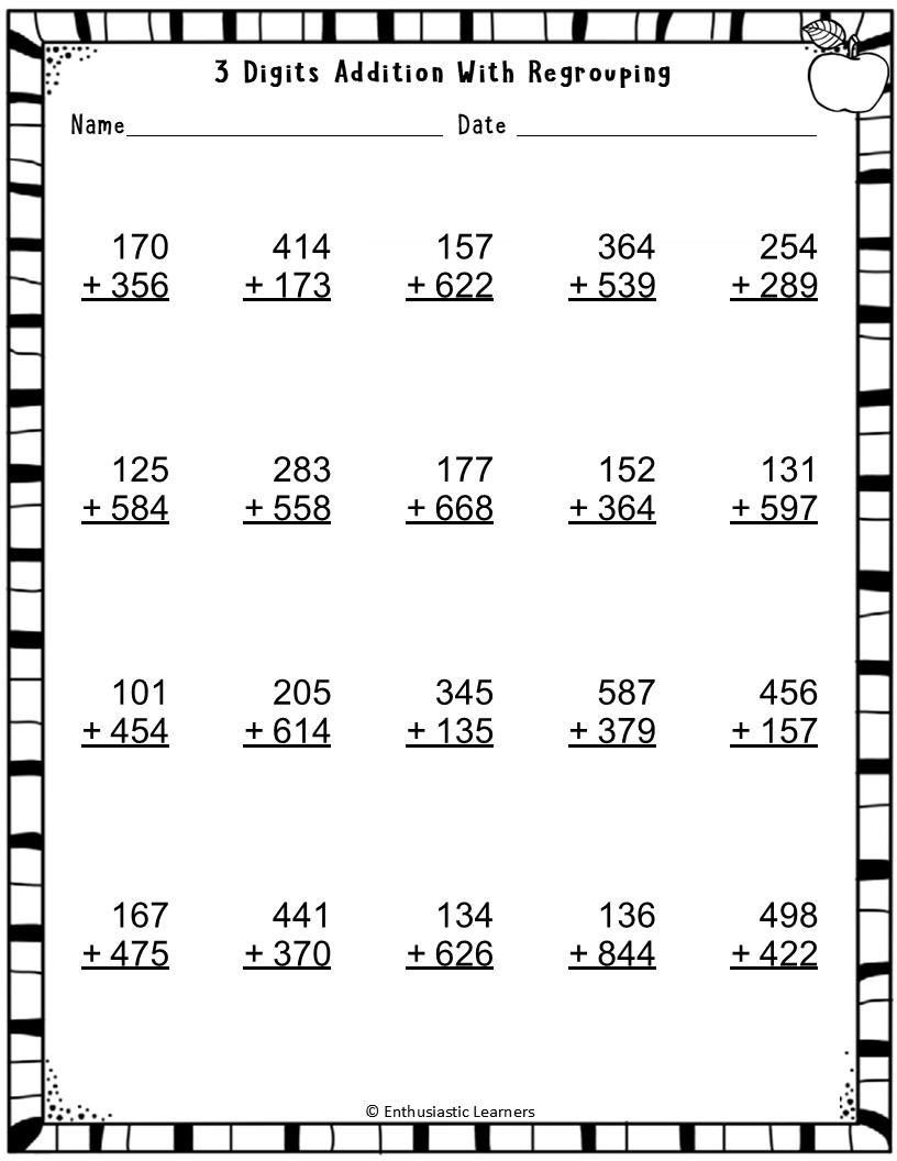3 Digits Addition With Regrouping Math Worksheets Problems Teaching Resources