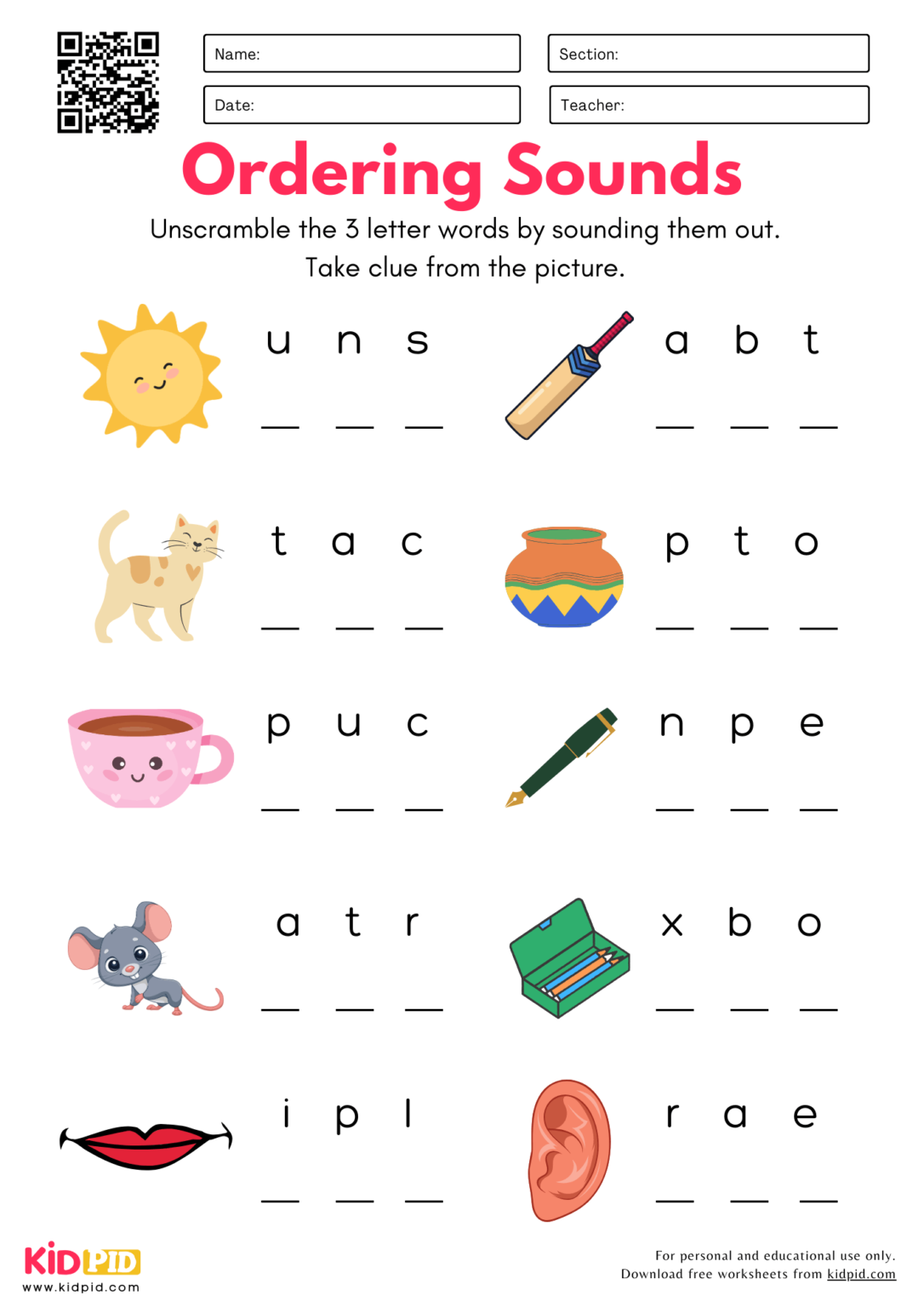 kindergarten three letter words worksheets