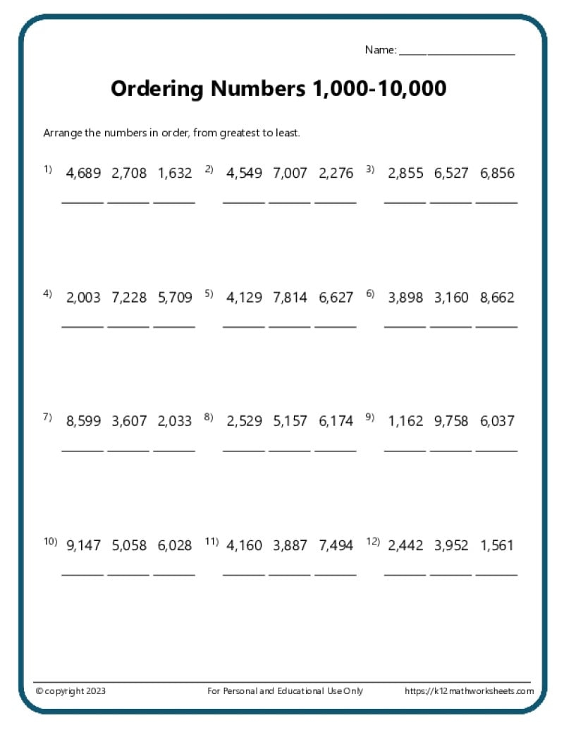 3rd Grade Comparing And Ordering Numbers