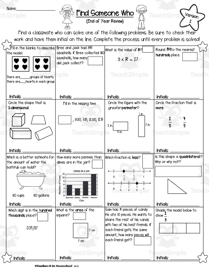 3rd Grade Find Someone Who End Of The Year Math Review By Teach Simple