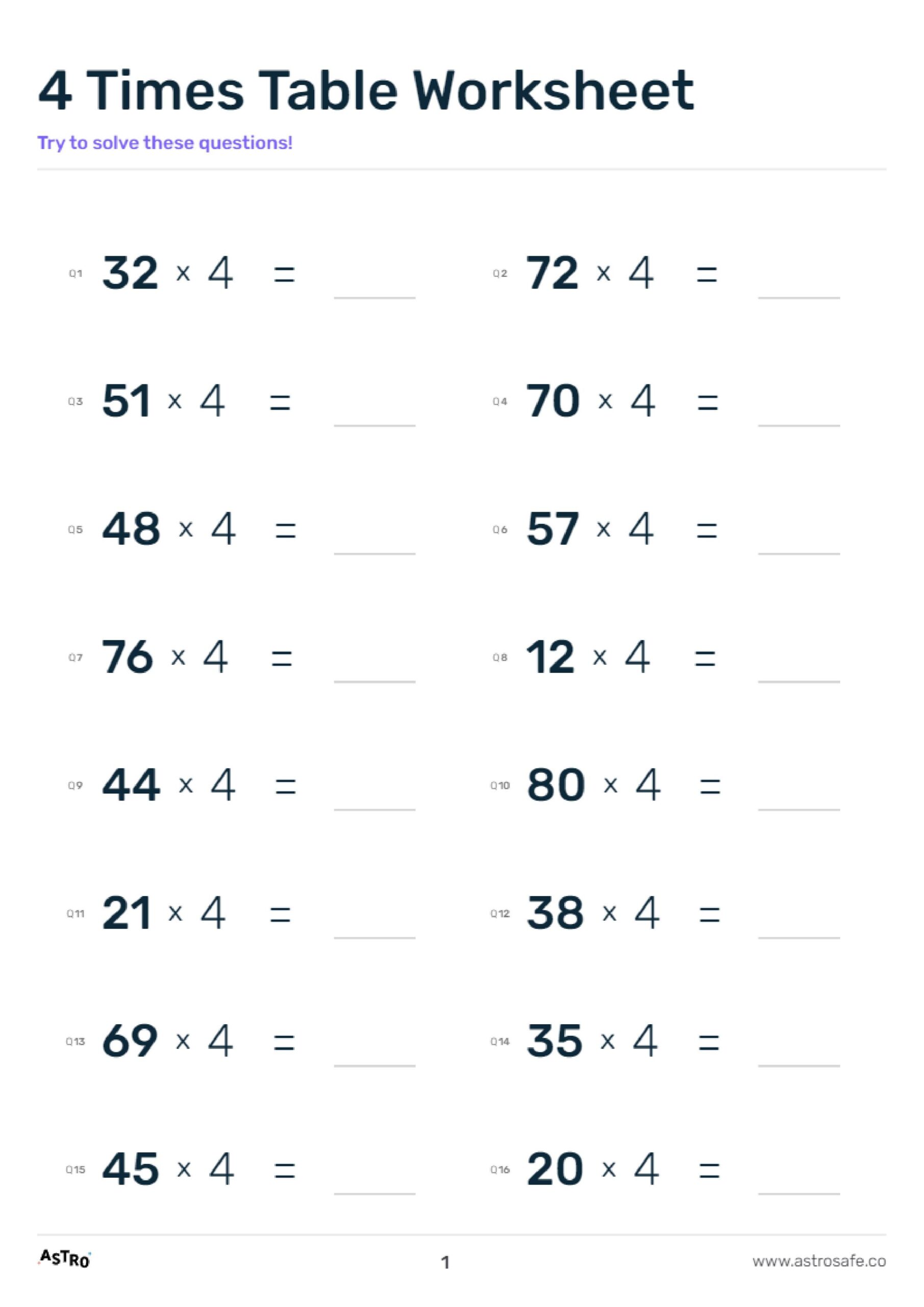 4 Times Table Lessons Printable Worksheets Charts AstroSafe
