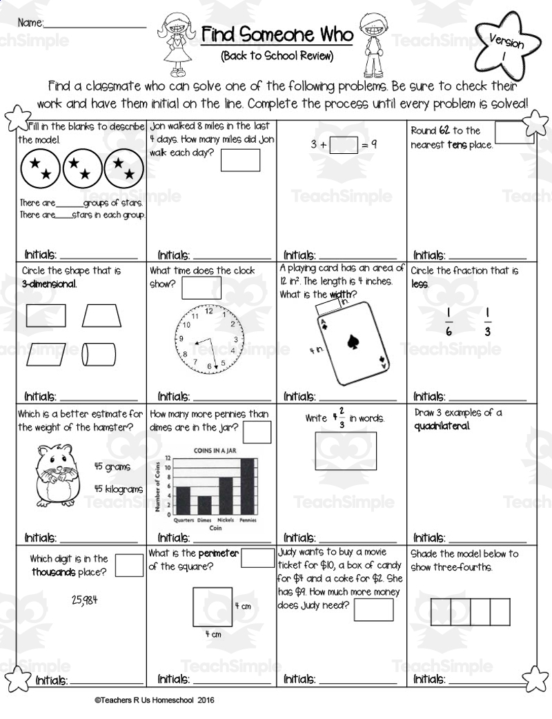 4th Grade Find Someone Who Back To School Math Review By Teach Simple