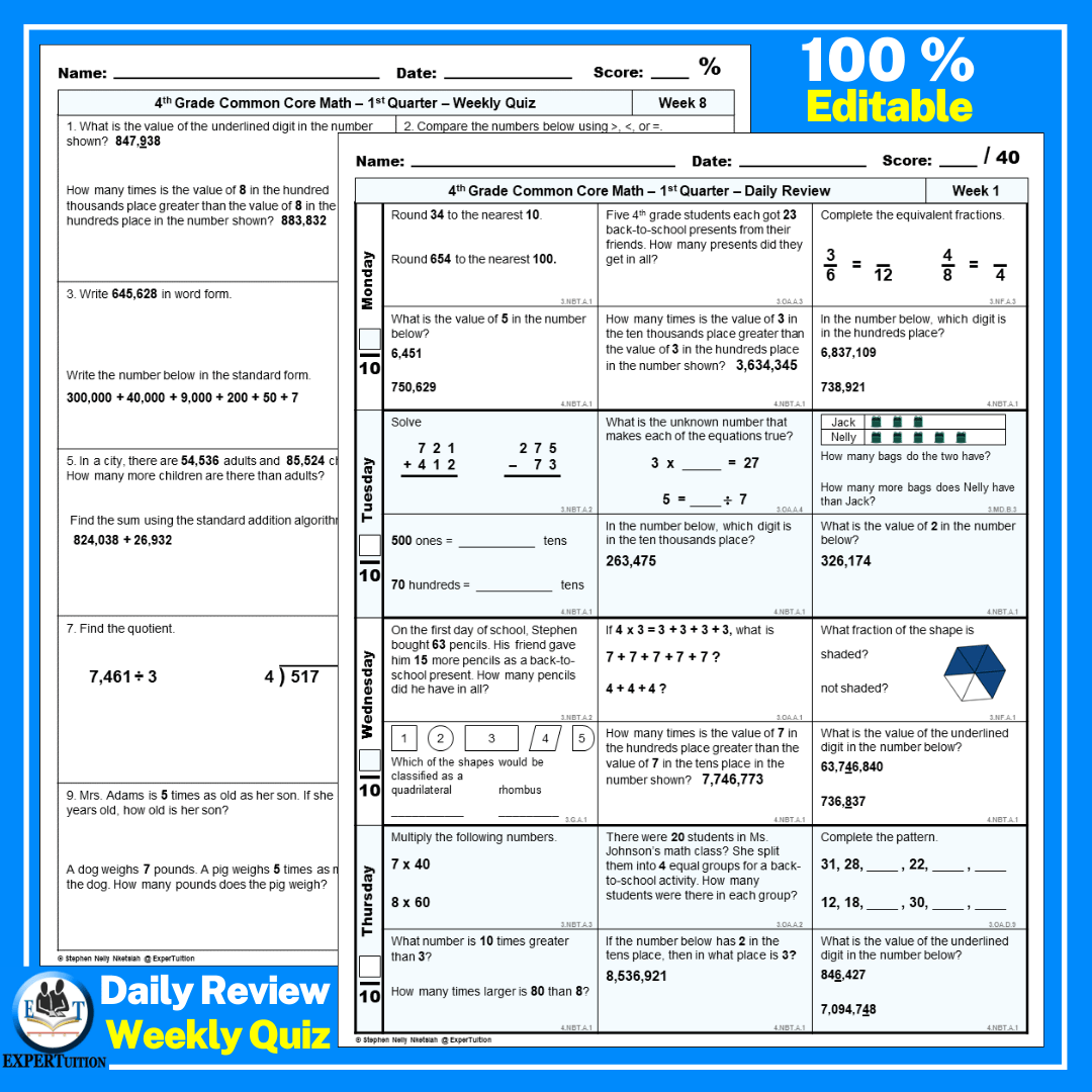 4th Grade Math Spiral Review Worksheets Q 1 ExperTuition