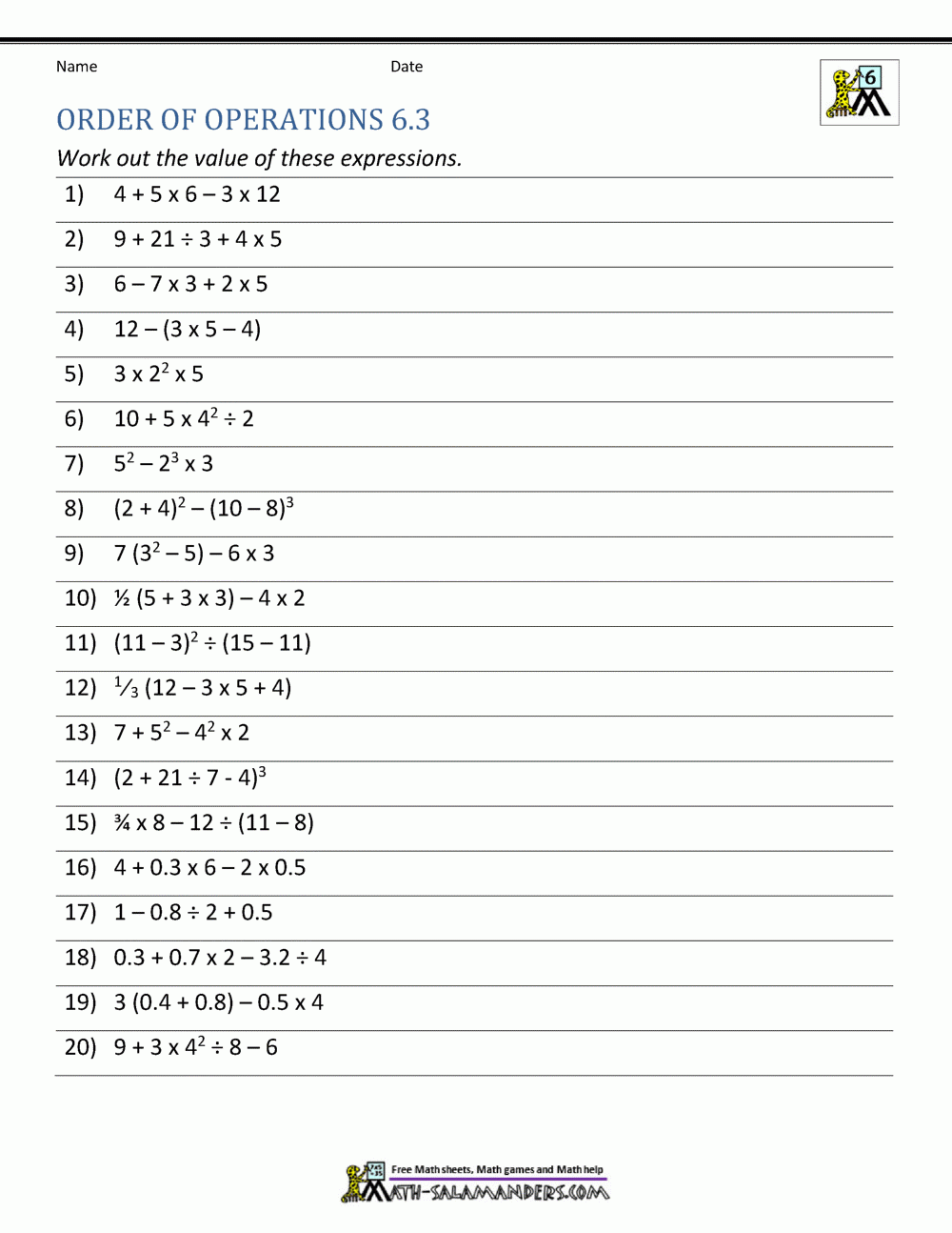 math order of operations worksheets