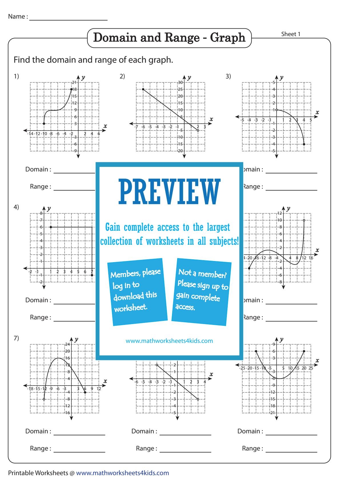 domain and range math worksheets