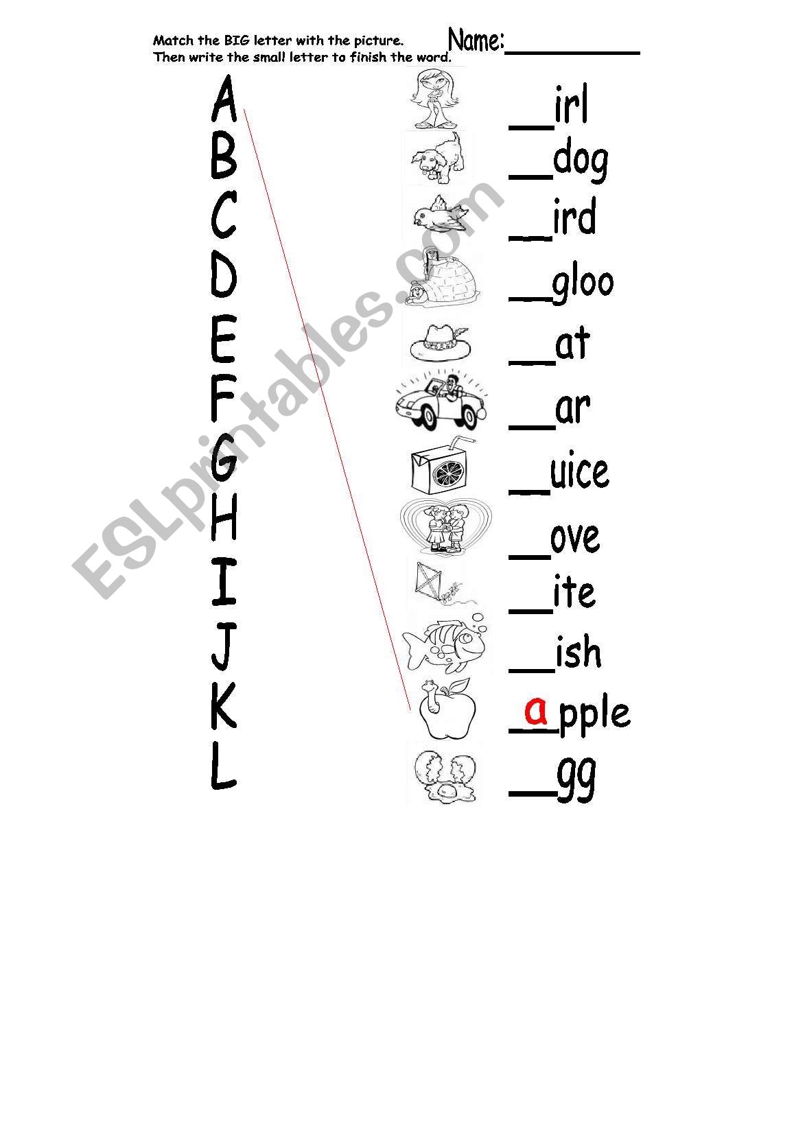 A L Phonics Matching ESL Worksheet By LaurenD