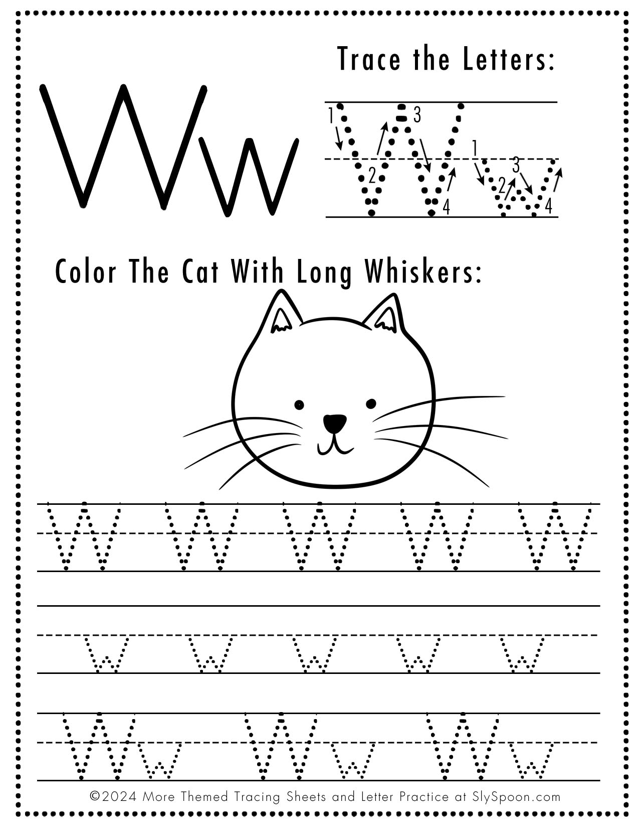 ABC Free Printable Cat Themed Letter W Tracing Worksheets For Preschoolers W Is For A Cat Whiskers Sly Spoon