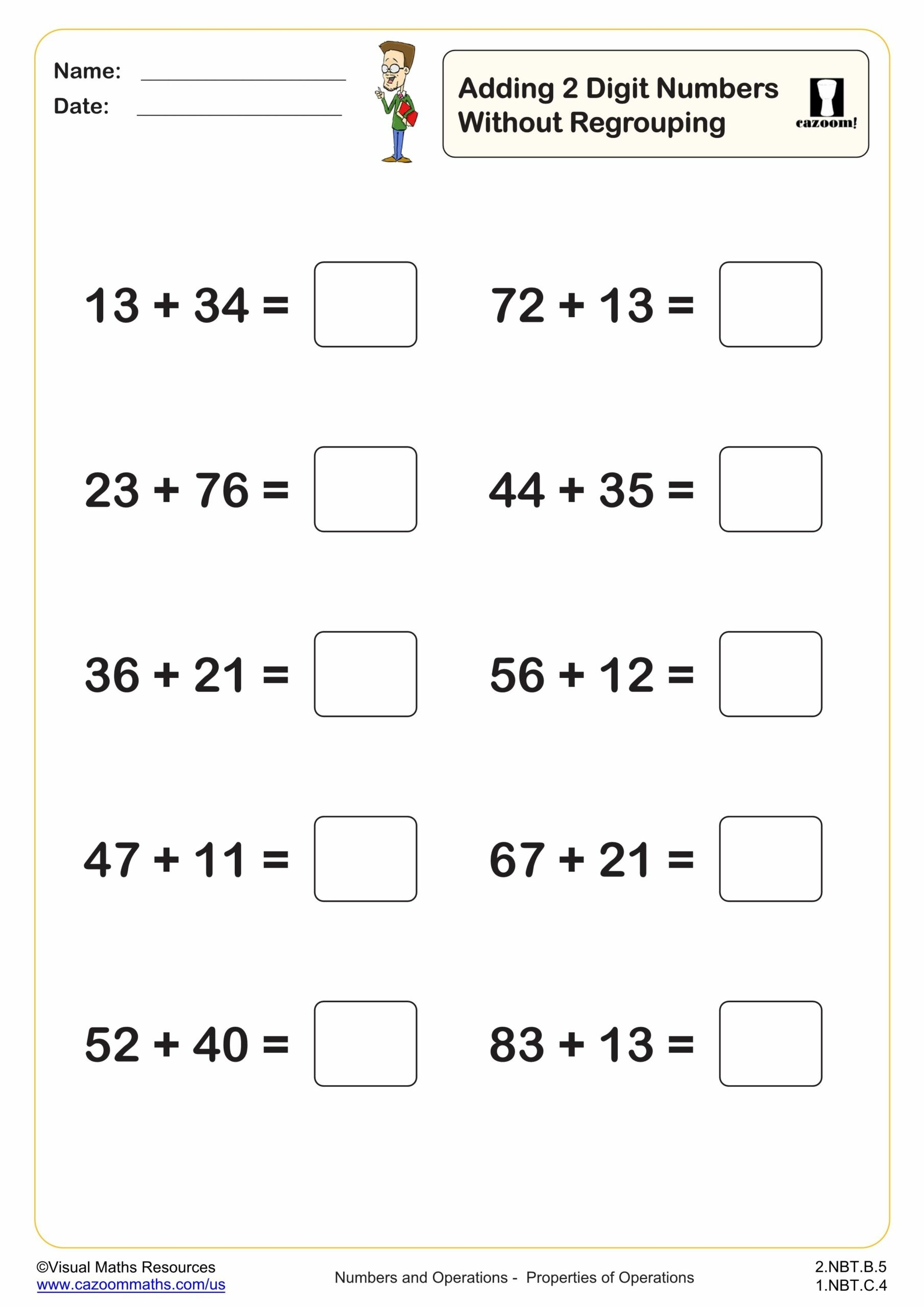 Adding 2 Digit Numbers Without Regrouping 10 Questions 2nd Grade PDF Addition Worksheets Cazoom Math