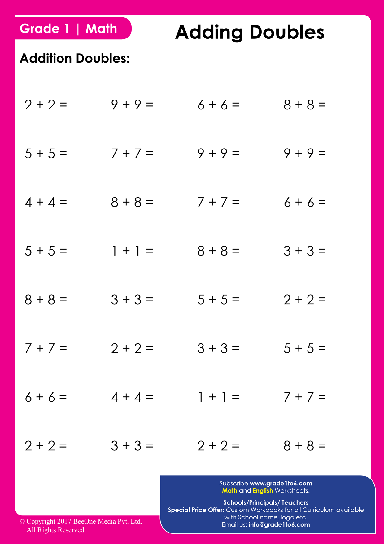 Adding Doubles Worksheets Grade1to6