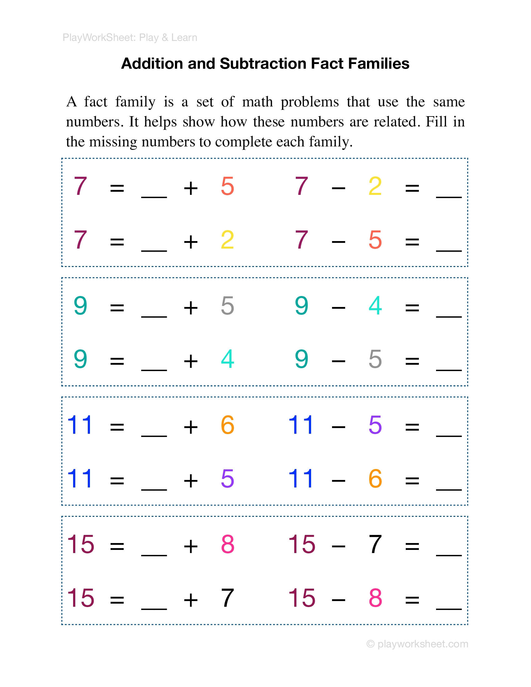 addition subtraction fact families