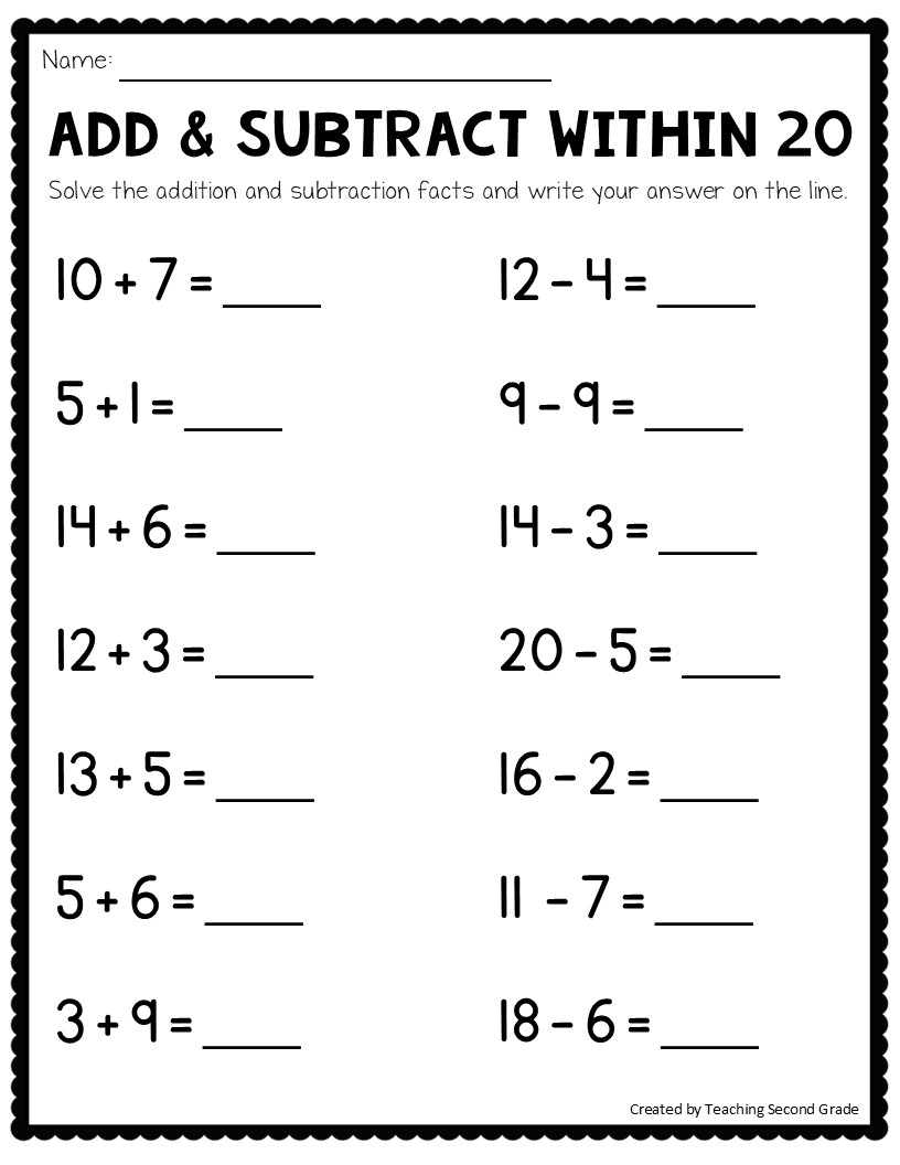 Addition And Subtraction Facts To 20 Worksheets Math Worksheets 1st 2nd Grade Teaching Ideas Made Easy