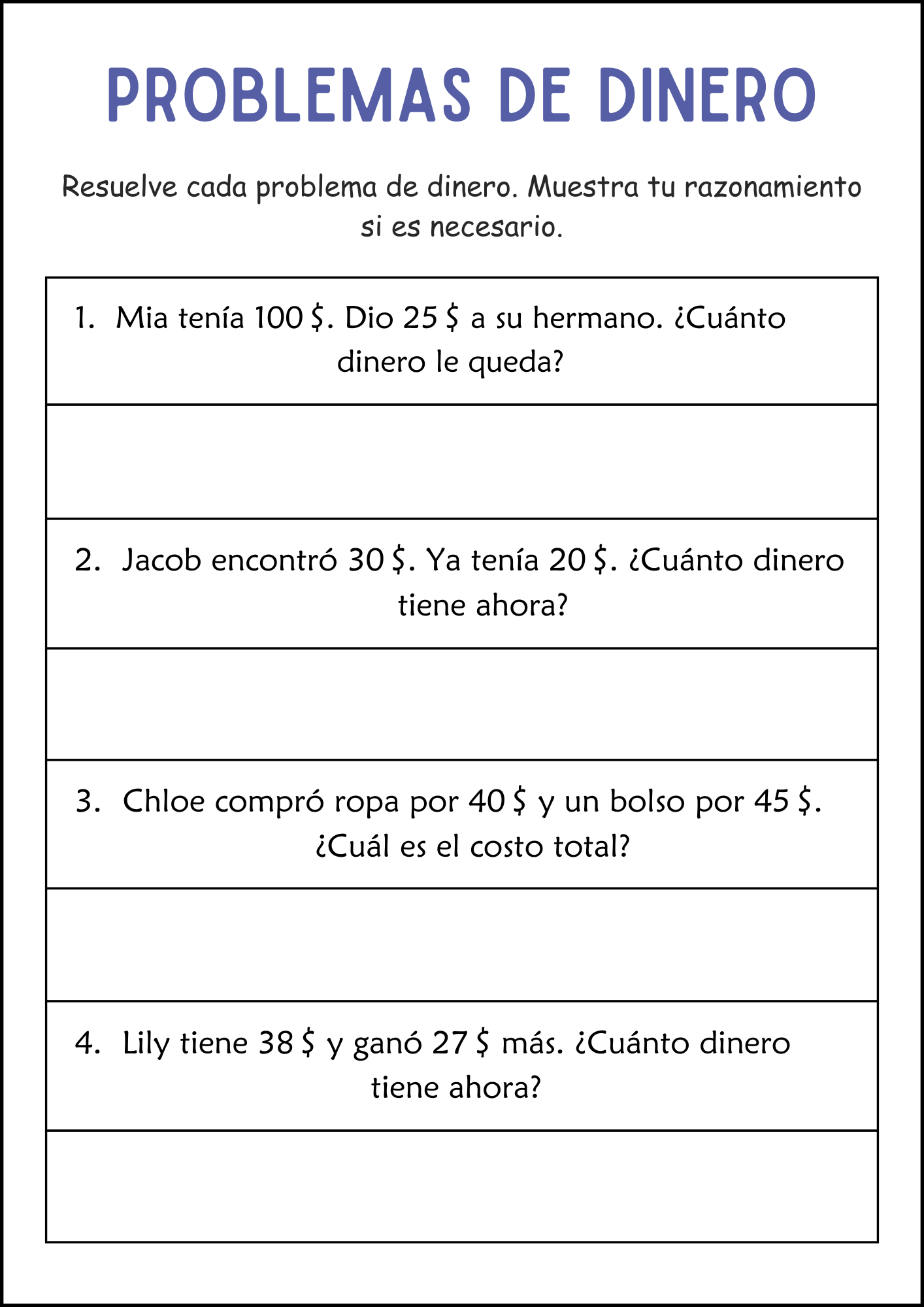 Addition And Subtraction Money Word Problems Math Worksheets In Spanish Made By Teachers