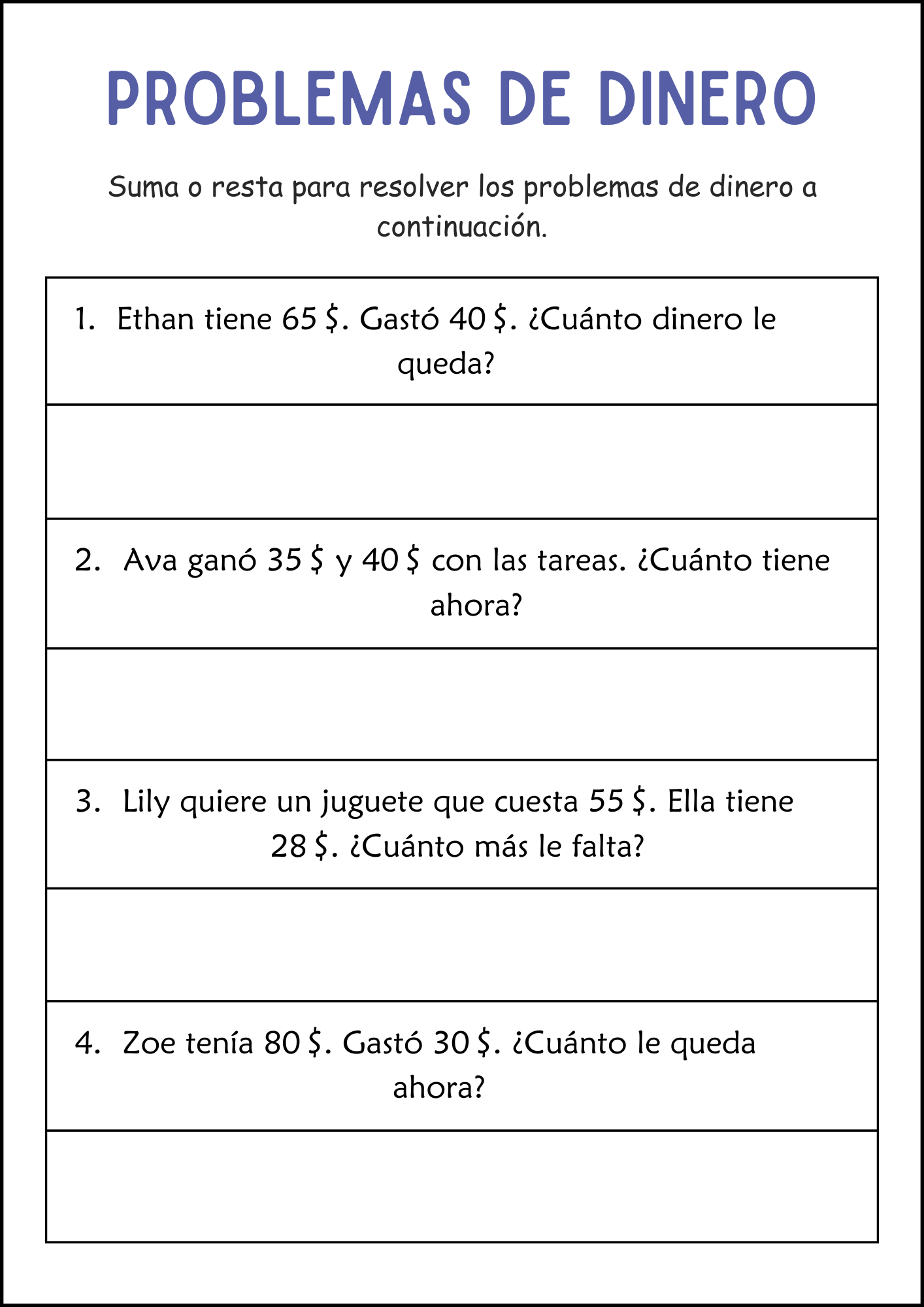 Addition And Subtraction Money Word Problems Math Worksheets In Spanish Made By Teachers