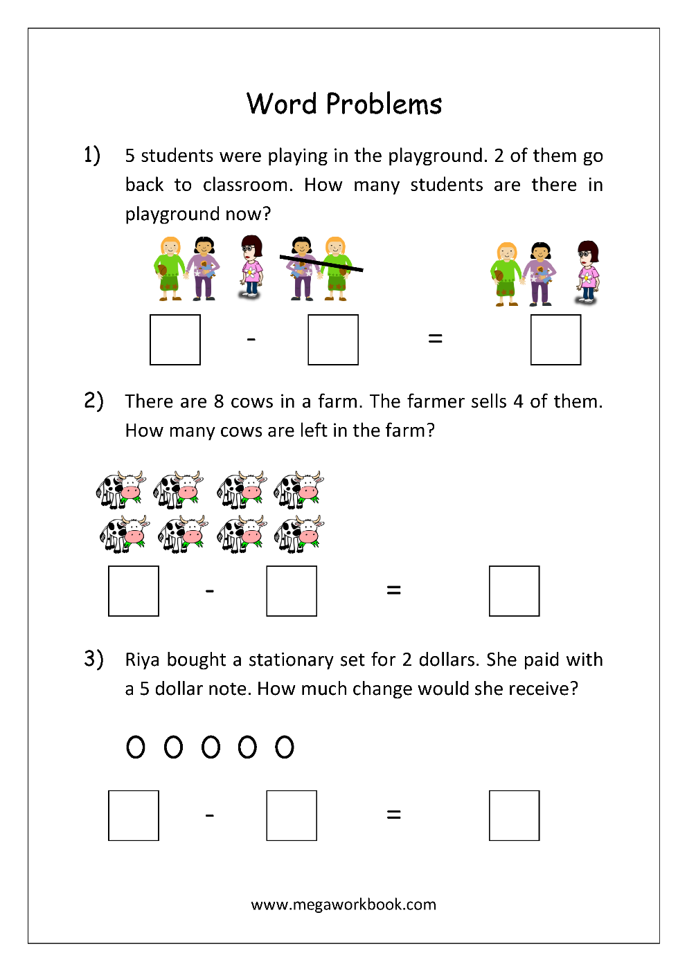 Addition And Subtraction Word Problems Worksheets For Kindergarten And Grade 1 Story Sums Story Problems MegaWorkbook