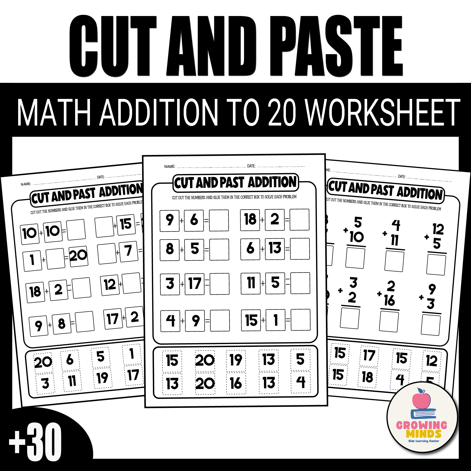 Addition Cut And Paste To 20 Worksheets Math Centers Math Addition Worksheet Made By Teachers