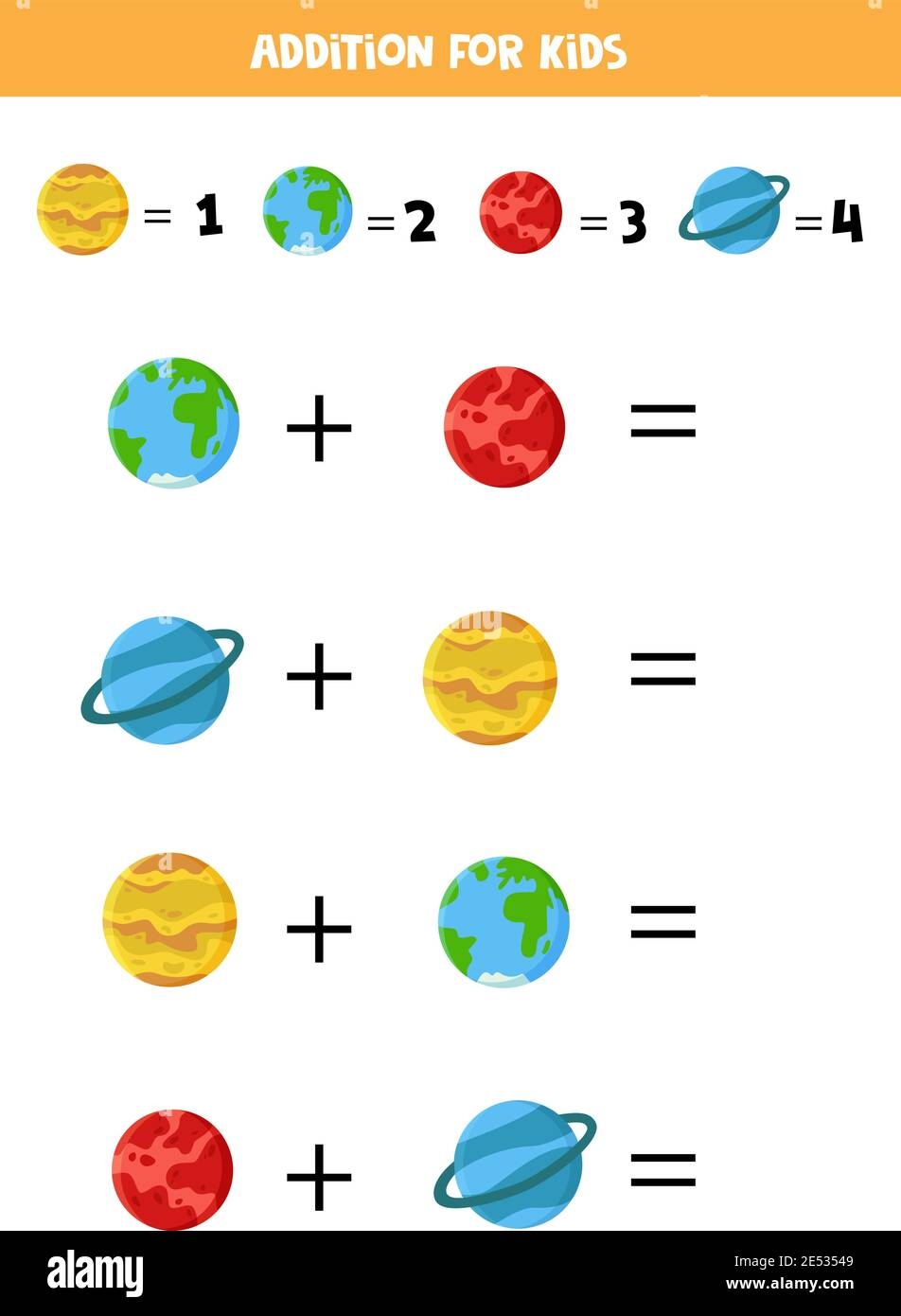 Addition For Kids With Planets Of Solar System Funny Worksheet For Preschoolers Stock Vector Image Art Alamy