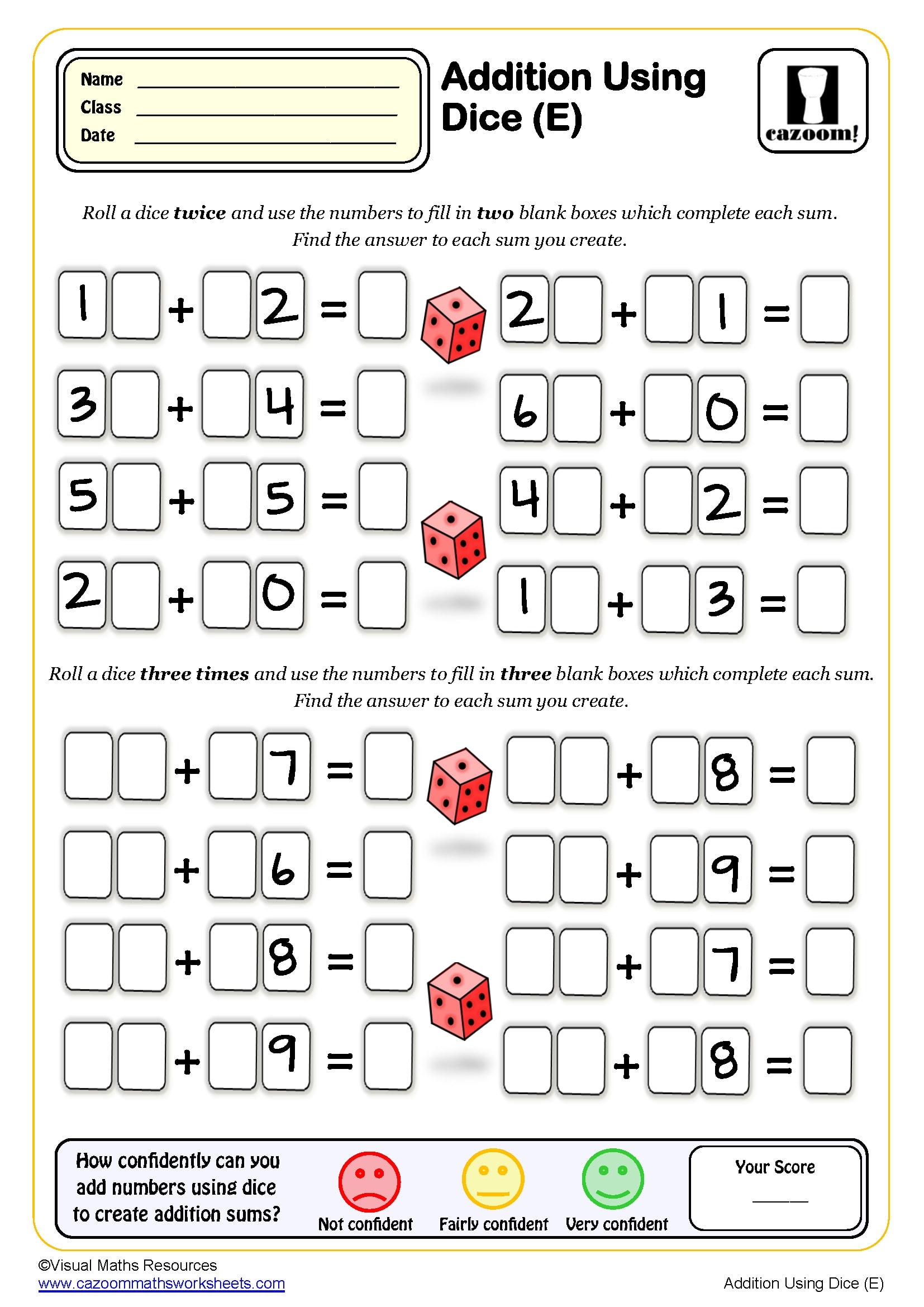 Addition Using Dice Worksheet Key Stage 1 PDF Addition Worksheets