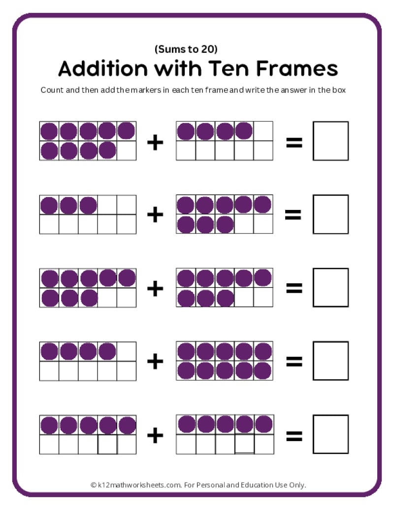 Addition With Ten Frames Worksheets