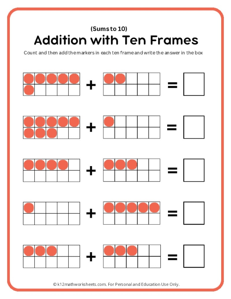 Addition With Ten Frames Worksheets