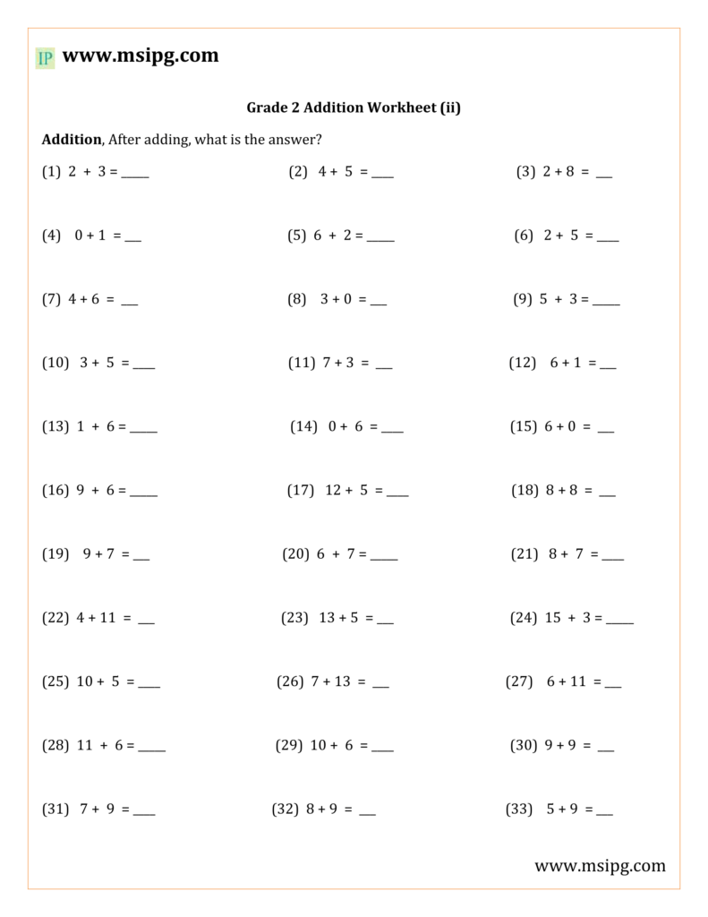 Addition Work Sheets For Grade 2 Year 2