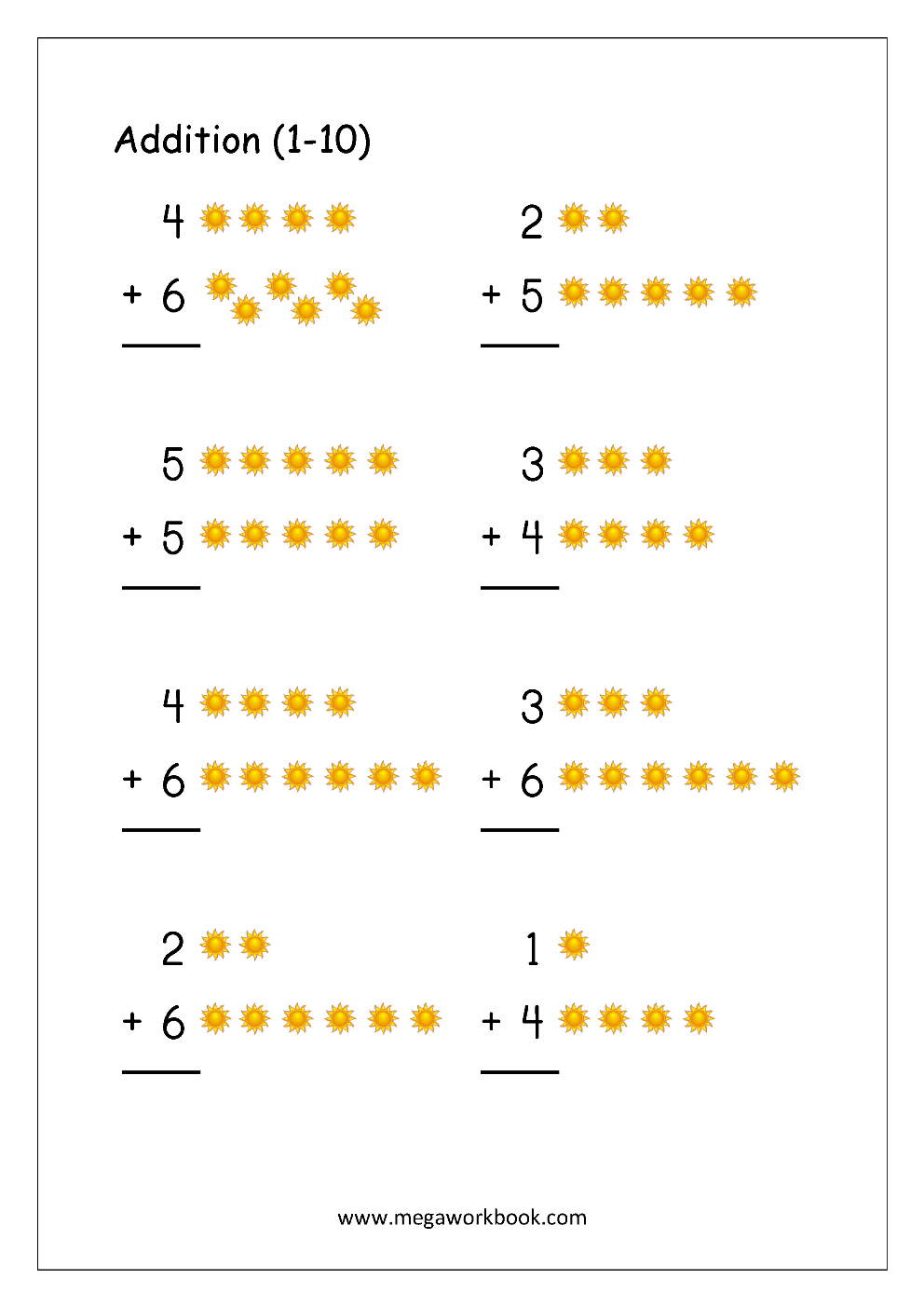 addition worksheets for kindergarten 1-10