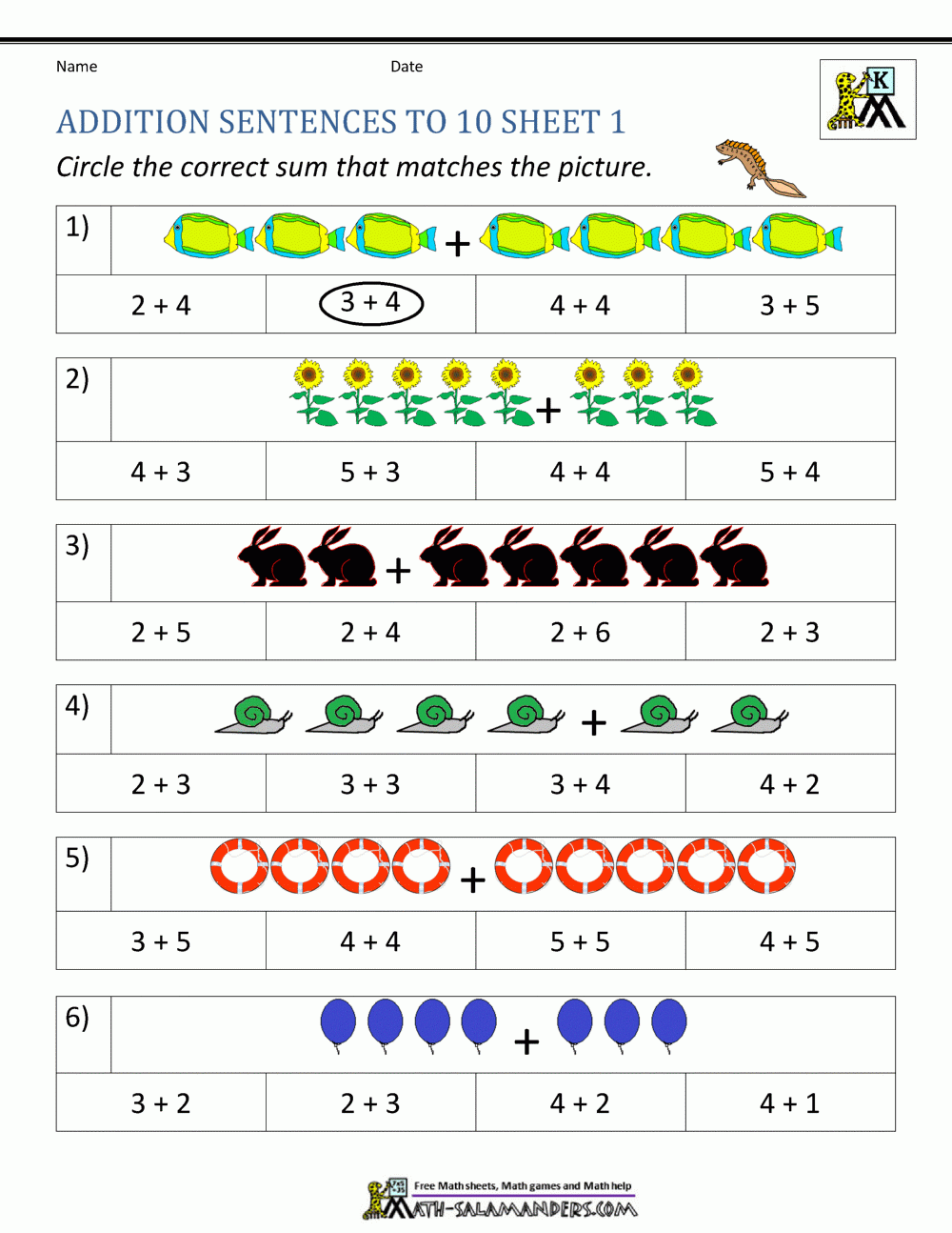 addition worksheets for kindergarten 1 10