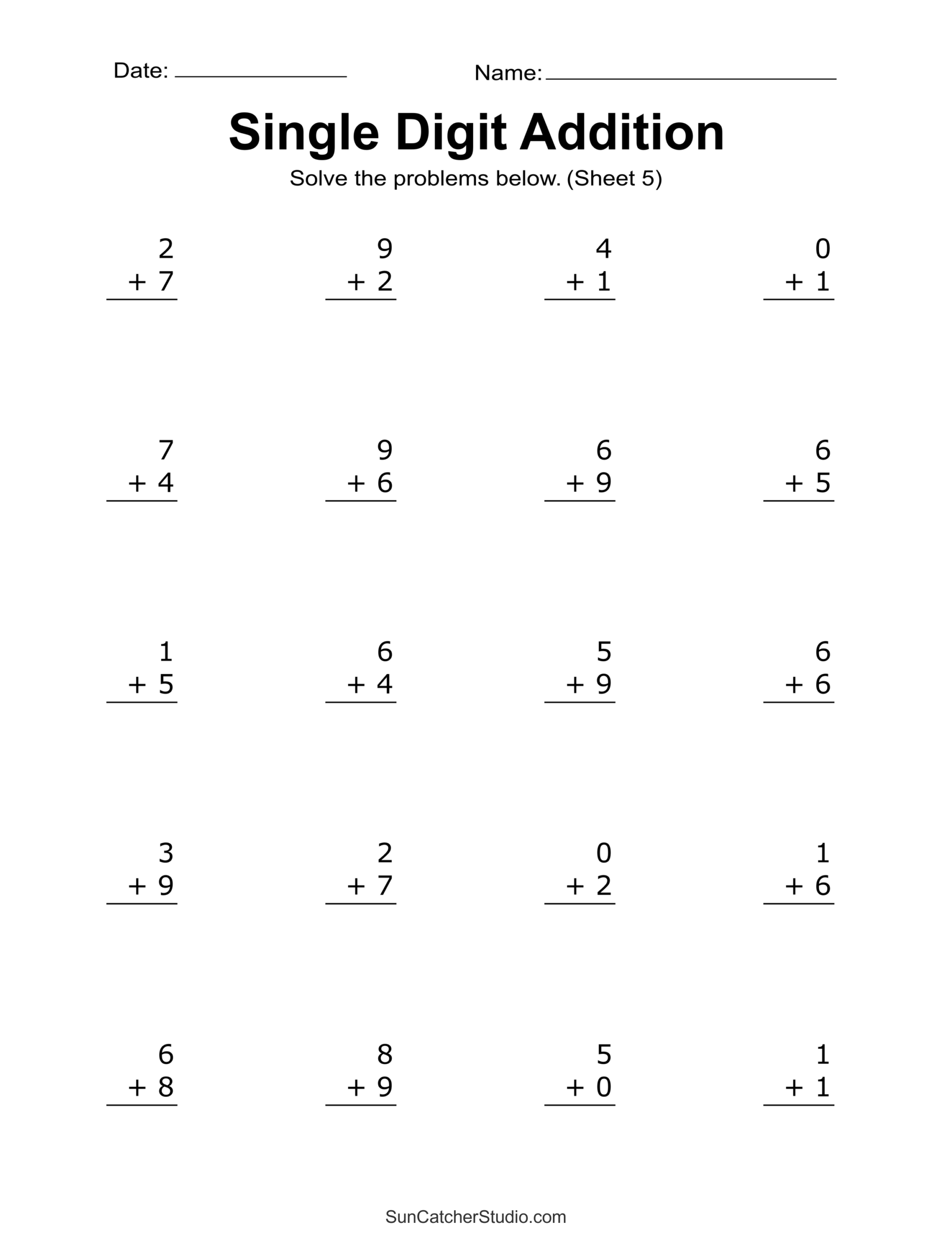 addition worksheets for kindergarten 1-20