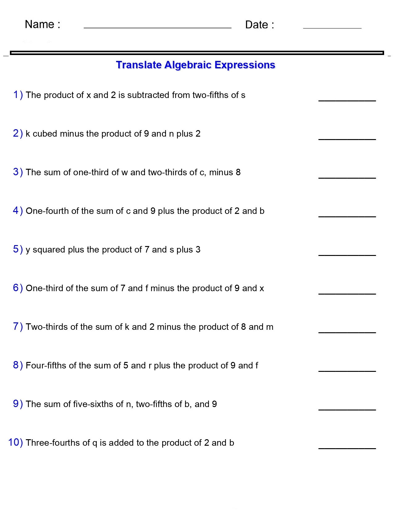 translating math expressions worksheet translating math expressions worksheet