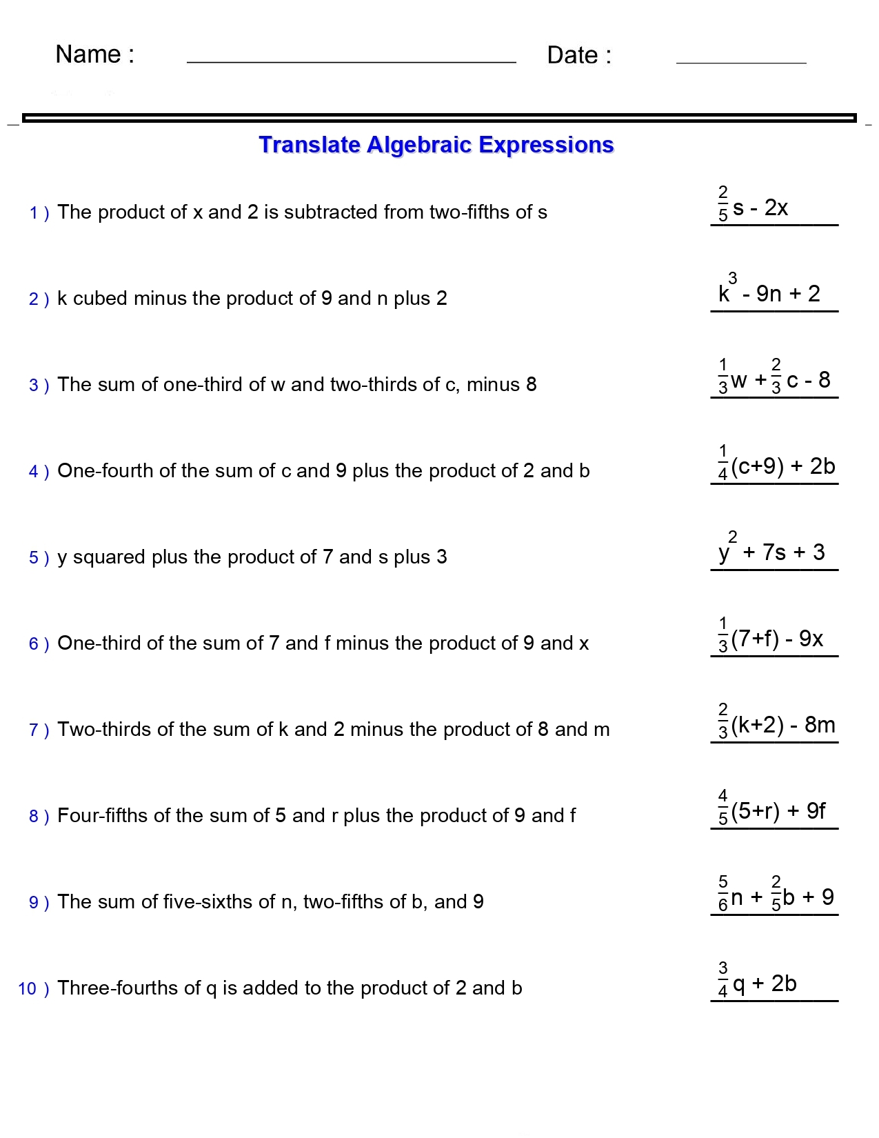 Algebraic Expressions Translate Phrases Worksheets Hard Two And Three Terms With Two Variables Made By Teachers