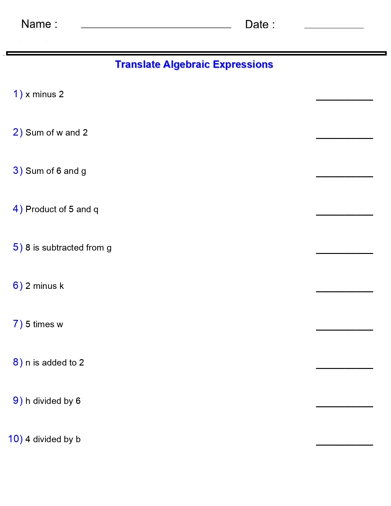 Algebraic Expressions Translate Phrases Worksheets One And Two Terms Made By Teachers Algebraic Expressions Translate Phrases Worksheets One And Two Terms Made By Teachers
