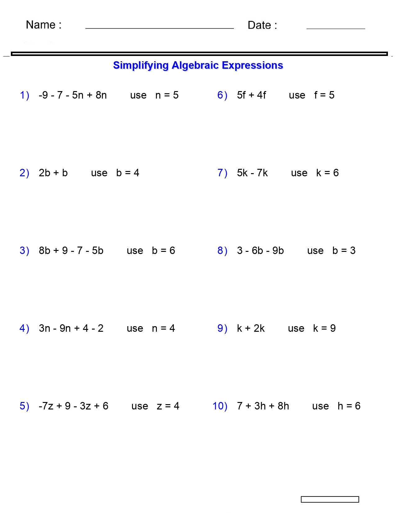 Algebraic Expressions Worksheets Evaluating One Variable Worksheets 2 Terms Made By Teachers