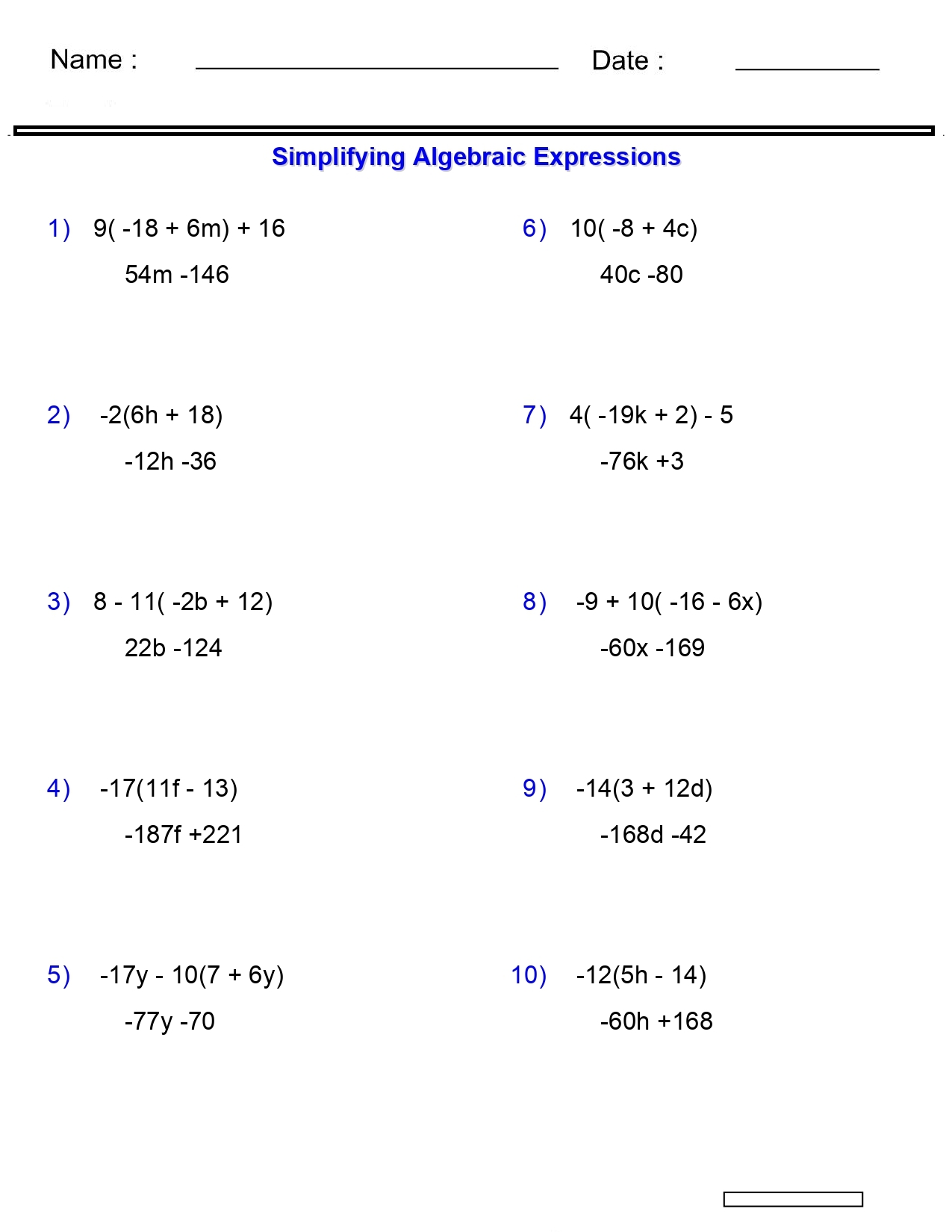 Algebraic Expressions Worksheets Simplifying Variables Worksheets 3 4Terms Mult Made By Teachers