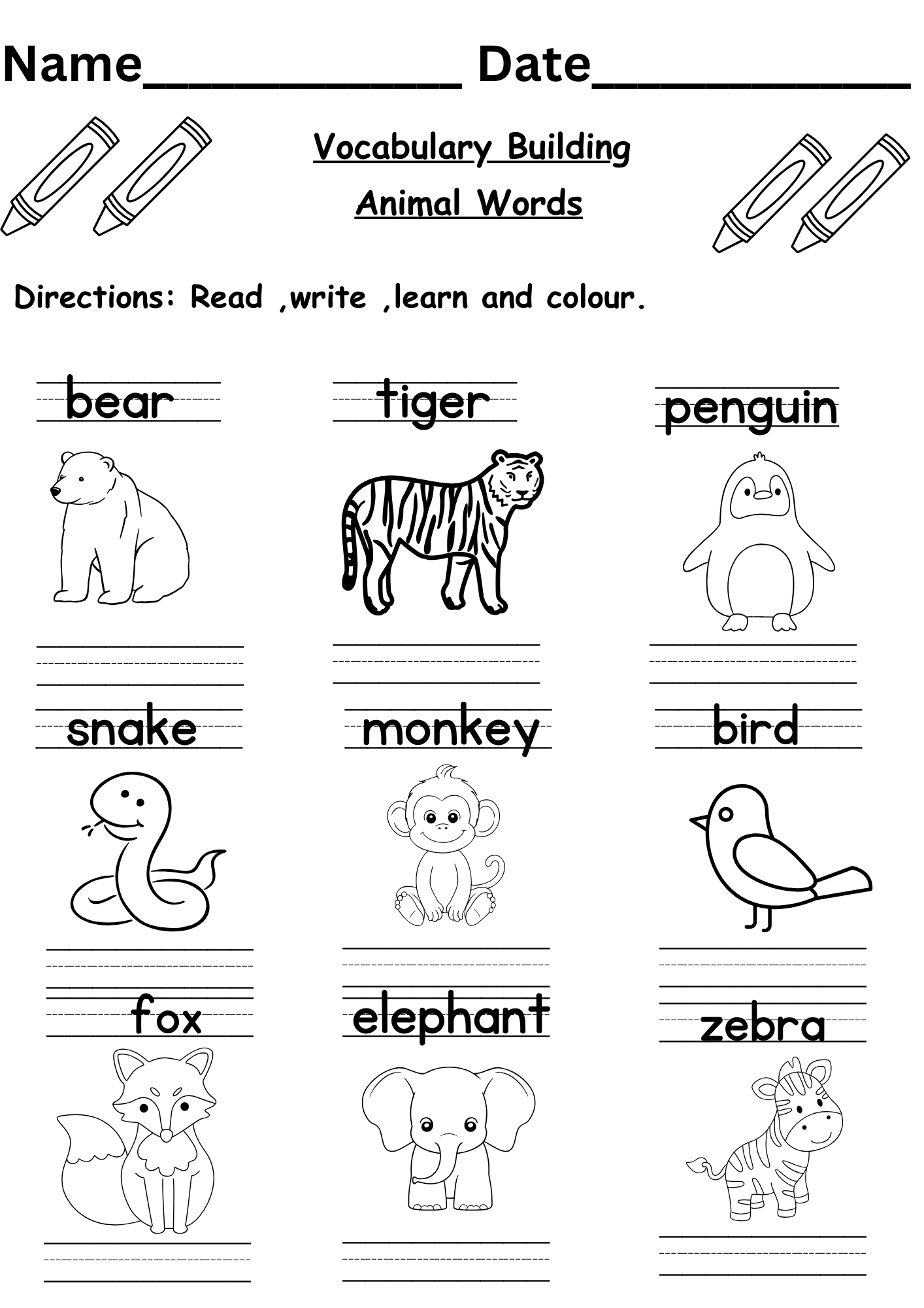 Animal Words Worksheet For Kindergarten Free
