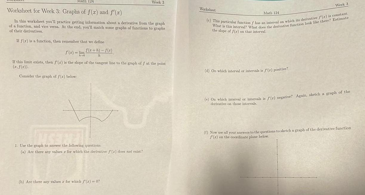 ANSWERED Math 124 Worksheet For Week 3 Graphs Of F X And F X In Worksheets Library