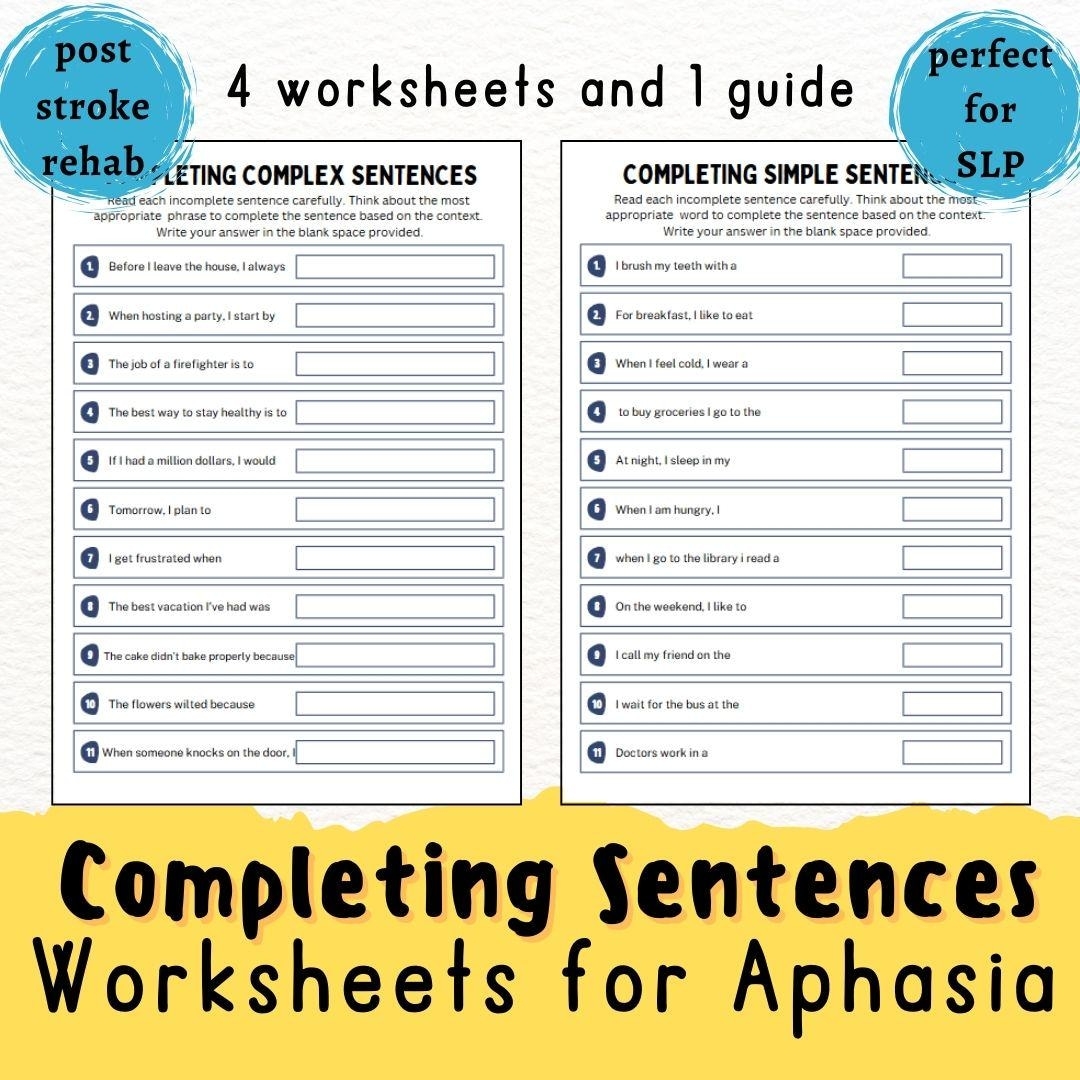 Aphasia Sentence Completion Worksheets Printable Speach Therapy Activity SLP Tools Caregiver Guide Stroke Rehabilitation Brain Exercise Etsy