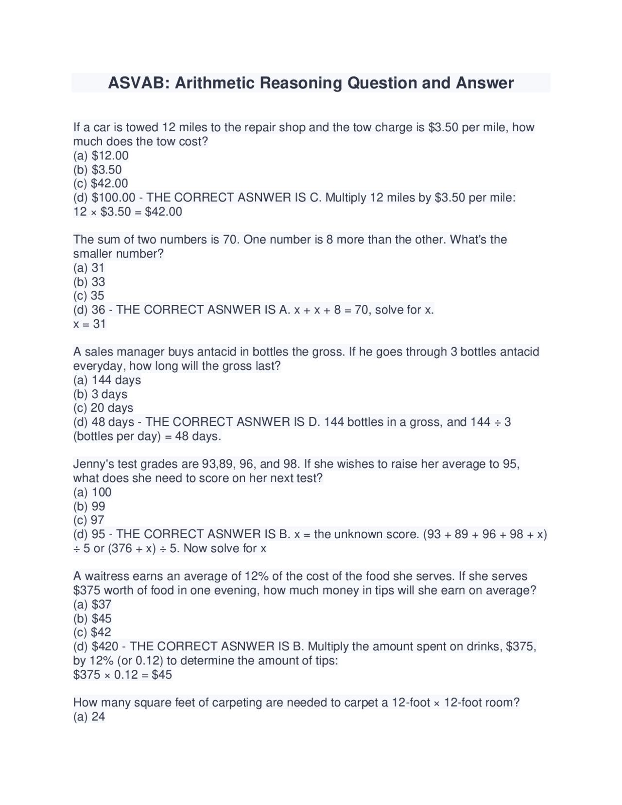 ASVAB Arithmetic Reasoning Question And Answer 2025 2026 Exams Nursing Docsity