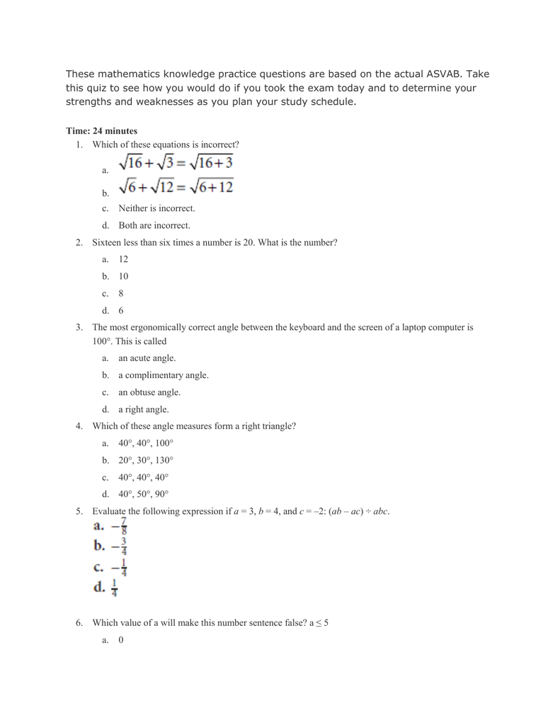 ASVAB Math Arithmetic Reasoning Practice Questions
