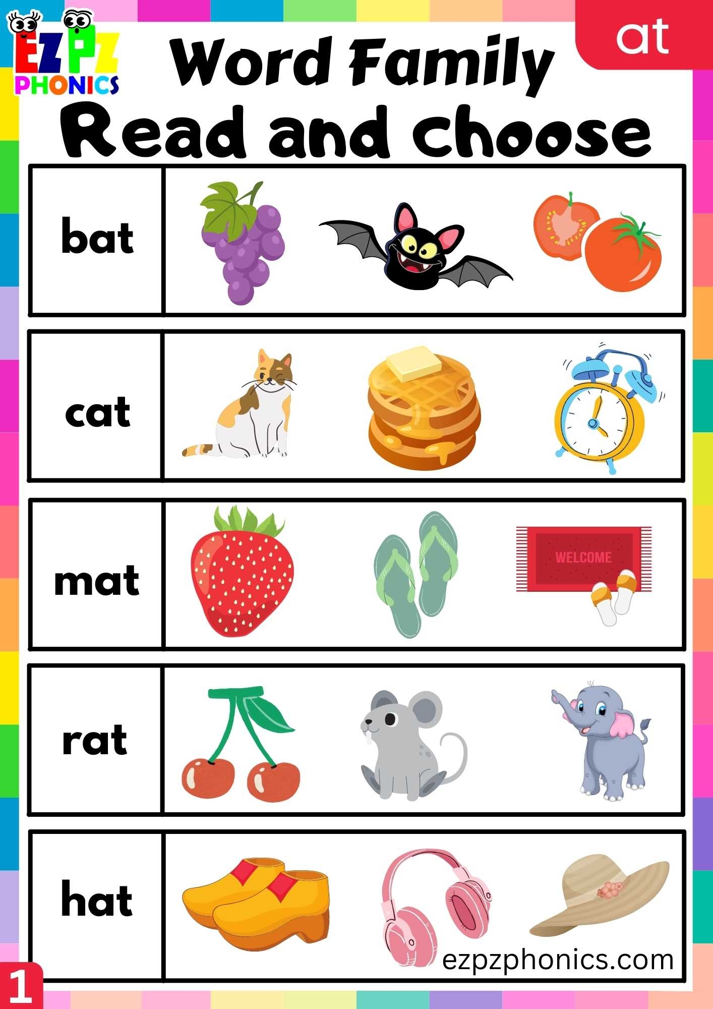 AT Words Read And Choose Phonics Word Families Worksheet Ezpzphonics
