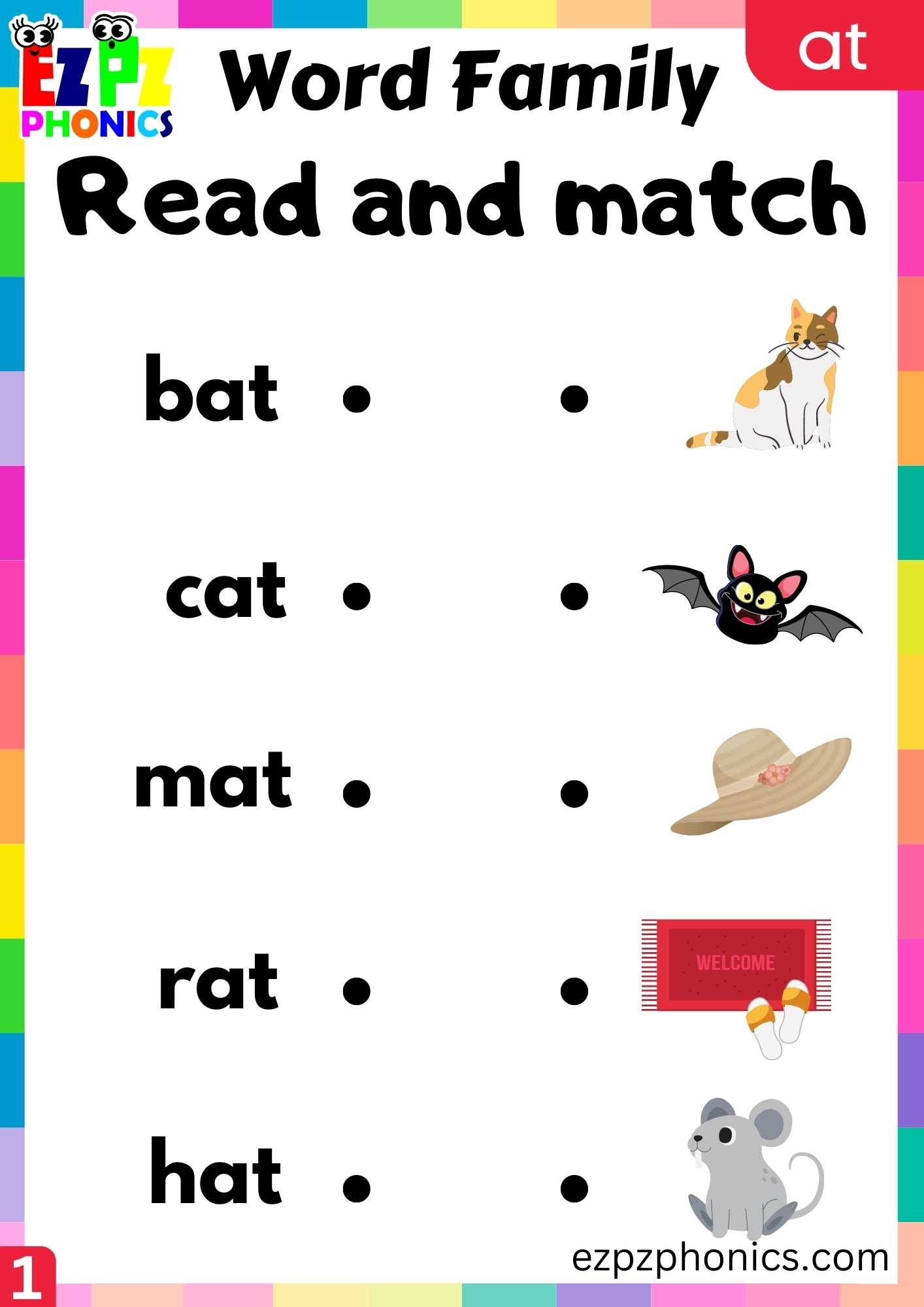 AT Words Read And Match Phonics Word Families Worksheet Ezpzphonics