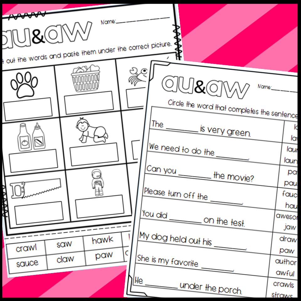 Au And Aw Worksheets Cut And Paste Sorts Cloze Read And Draw And More Made By Teachers